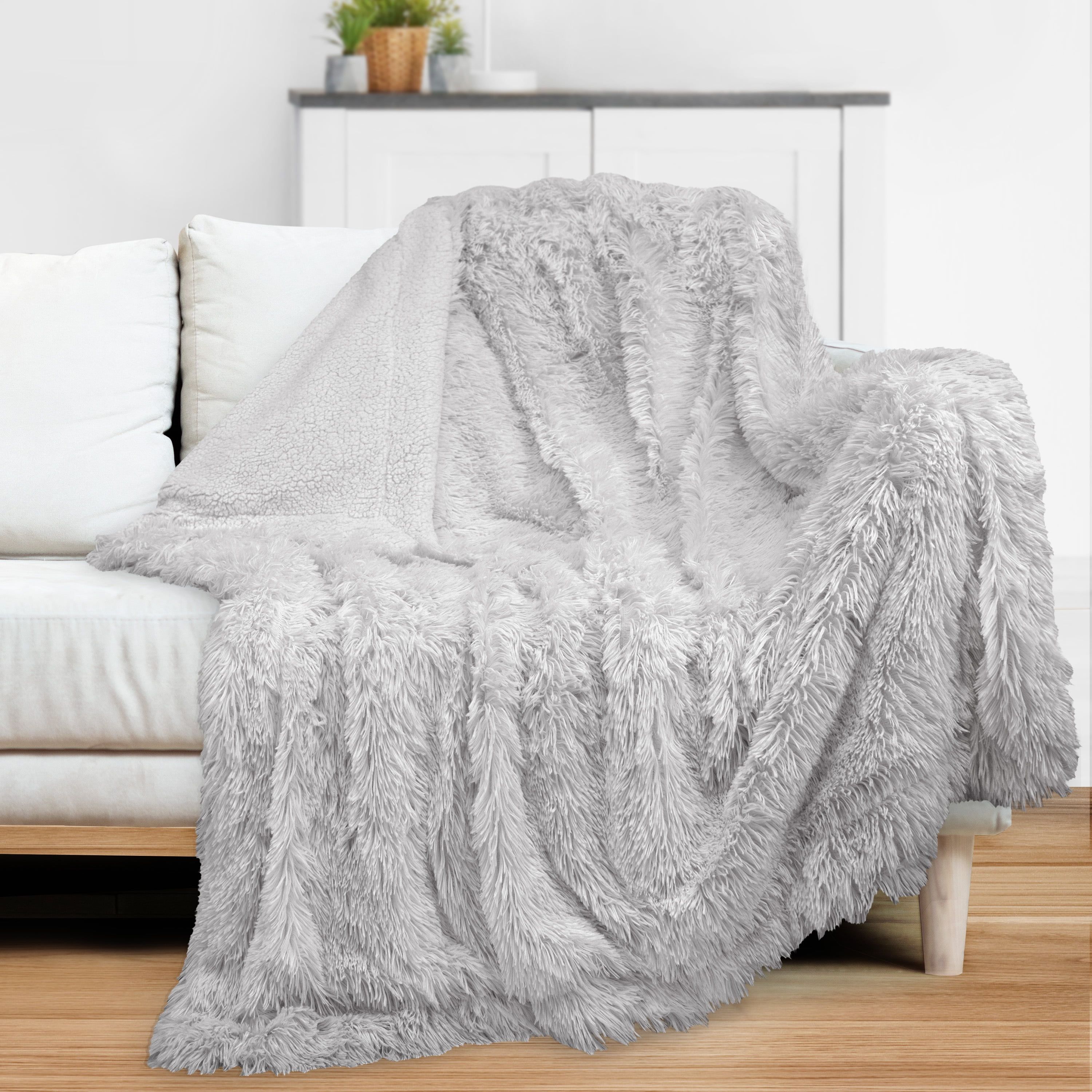 Light Grey Reversible Faux Fur Sherpa Throw Blanket, 50x60 Inches