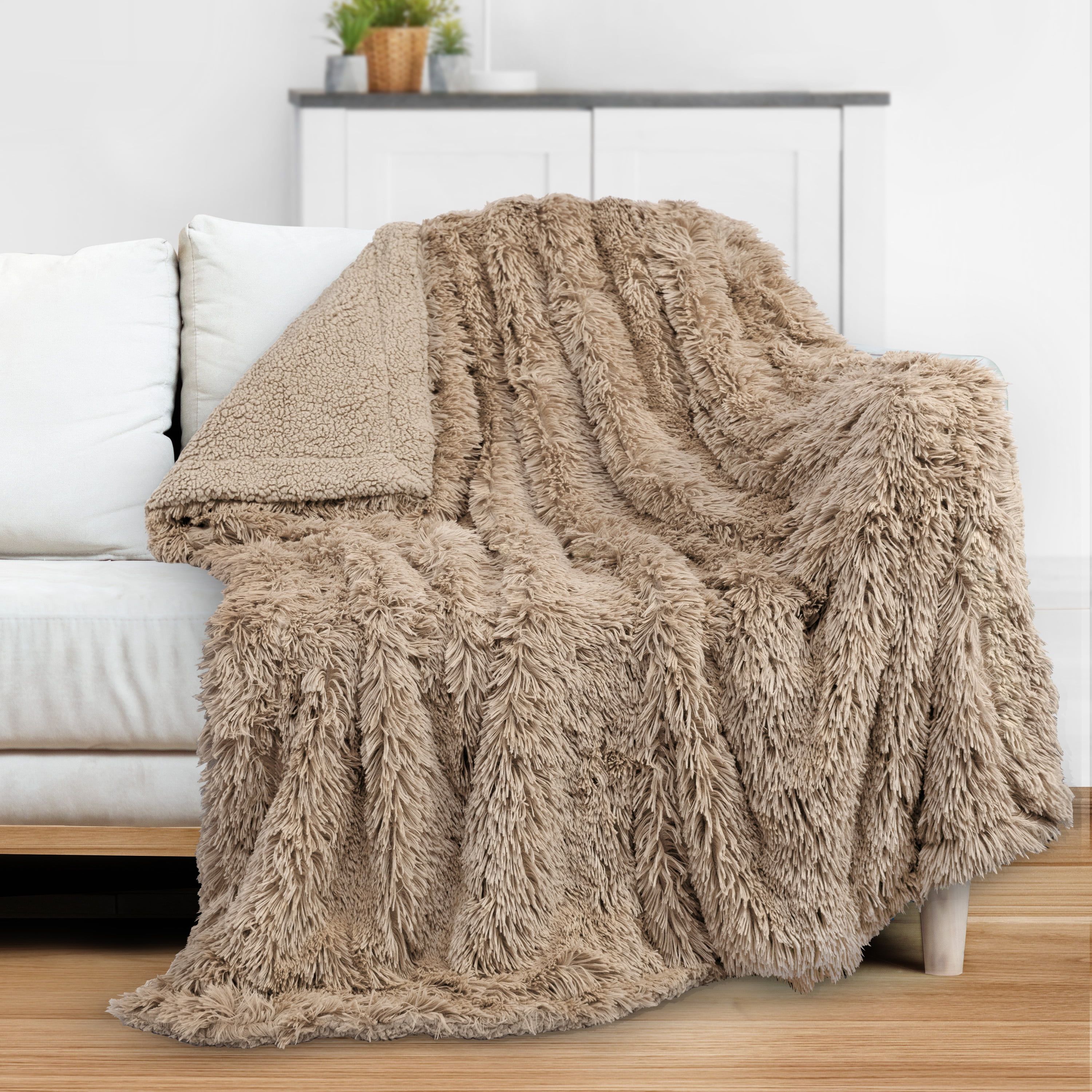 Taupe Reversible Faux Fur and Sherpa Throw Blanket, 50x60 Inches