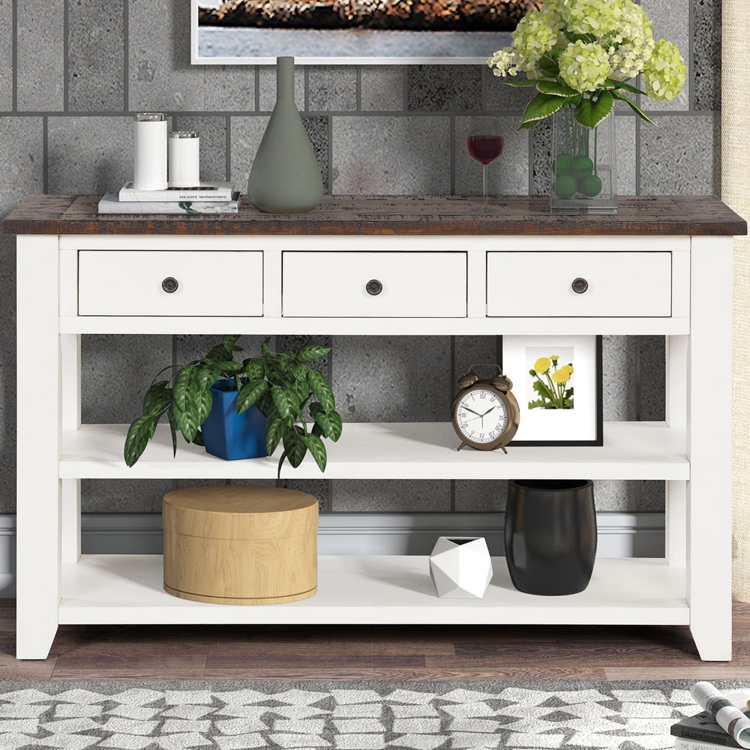 Antique White and Pine Wood Console Table with Storage Drawers and Shelves