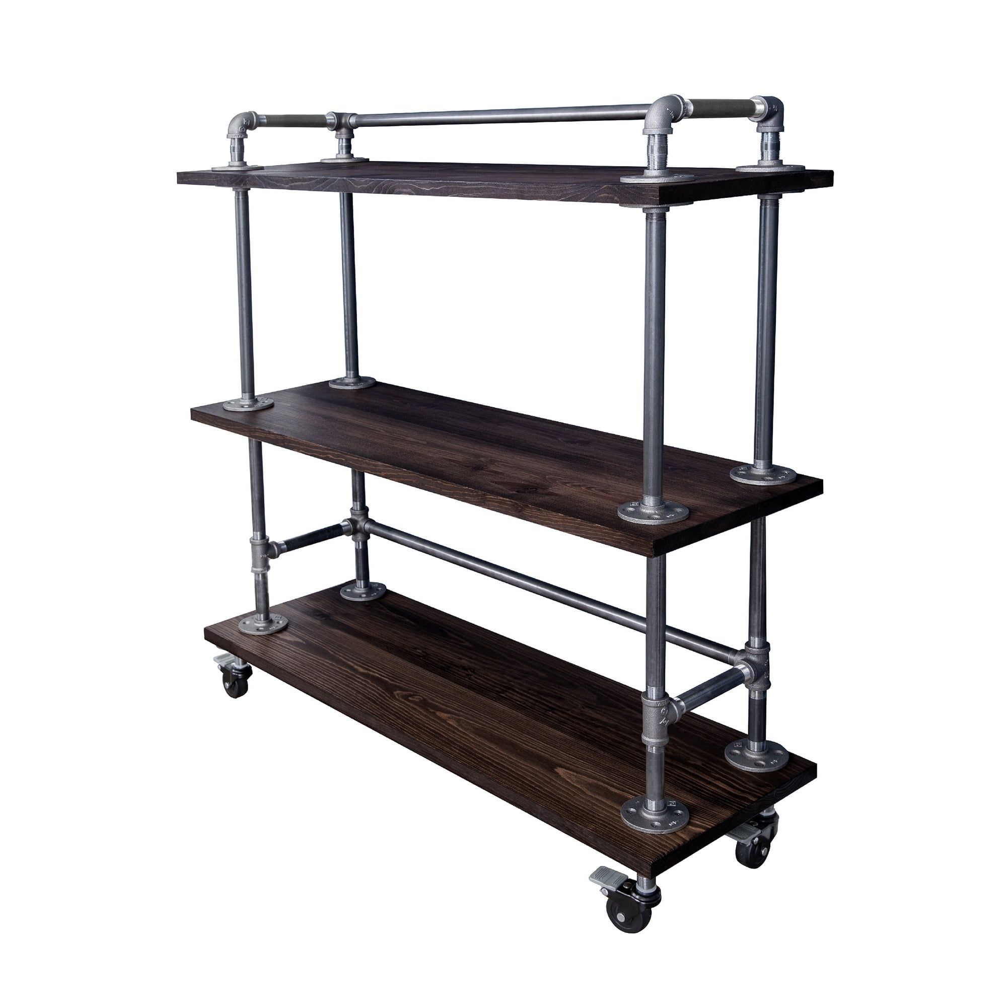 Industrial Black Wood and Steel 3-Tier Bar Cart with Wheels