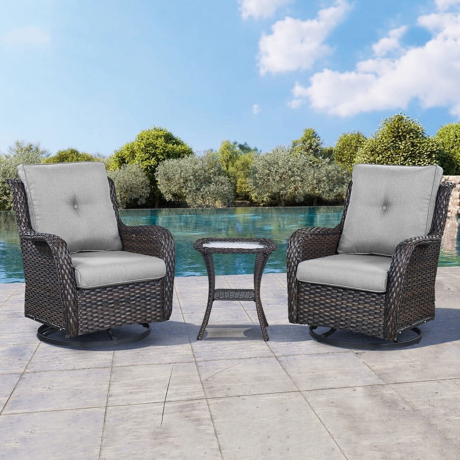 Brown Wicker Outdoor Swivel Rocker Chairs with Gray Cushions