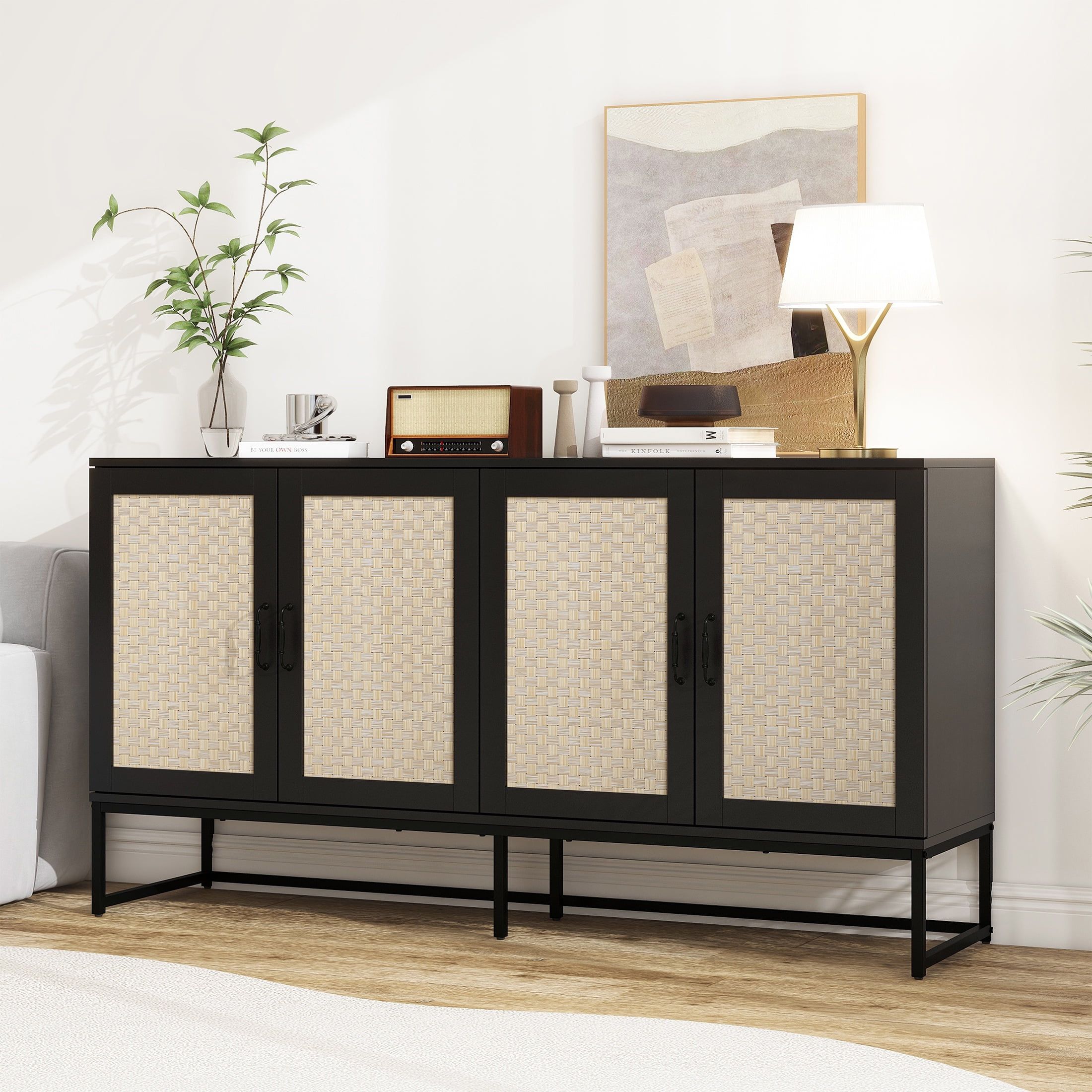 Black Metal and Rattan 4-Door Sideboard with Adjustable Shelves