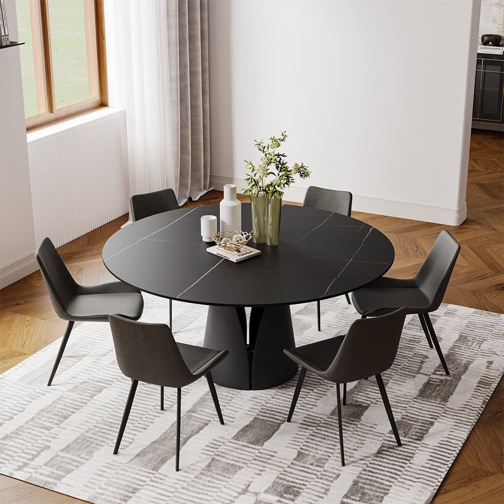 Modern Round Black Sintered Stone Dining Table with Carbon Steel Base