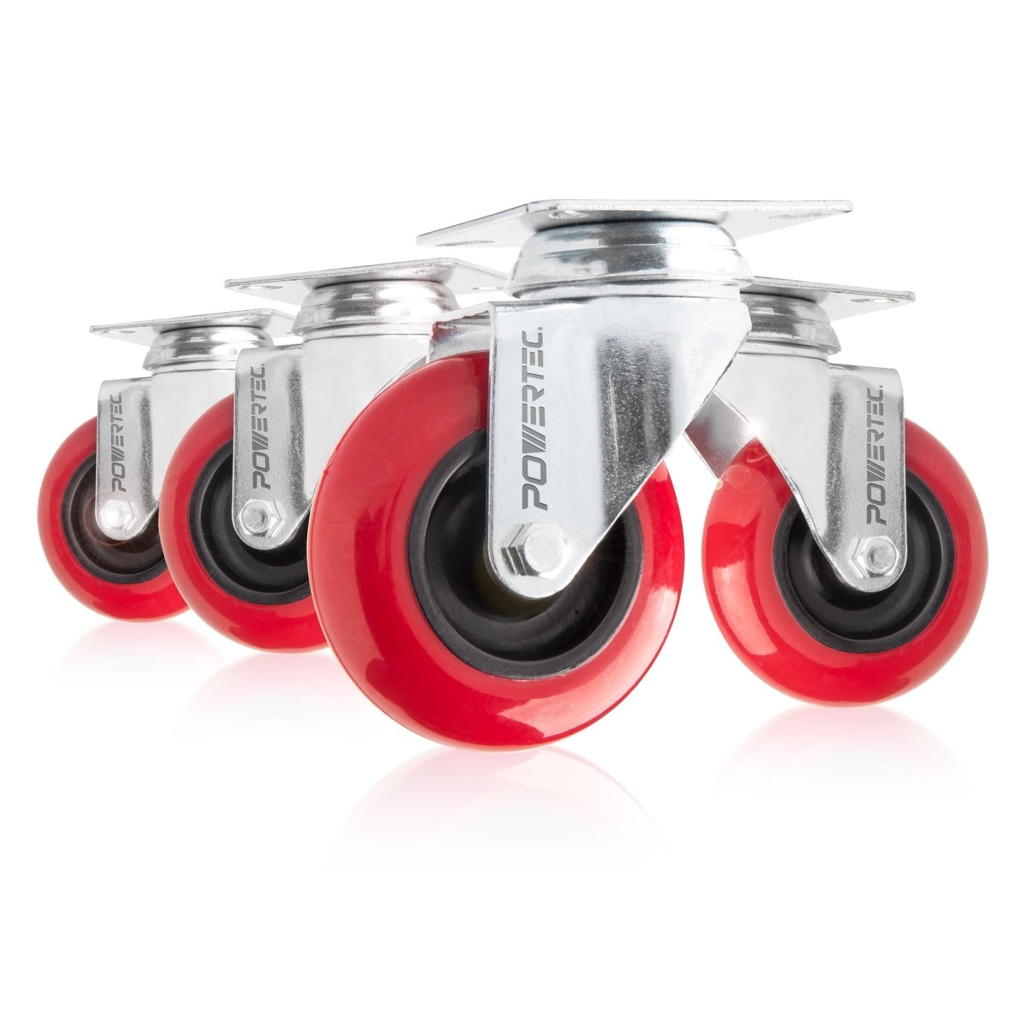 POWERTEC 3-Inch Red Polyurethane Swivel Plate Caster Wheels, Set of 4