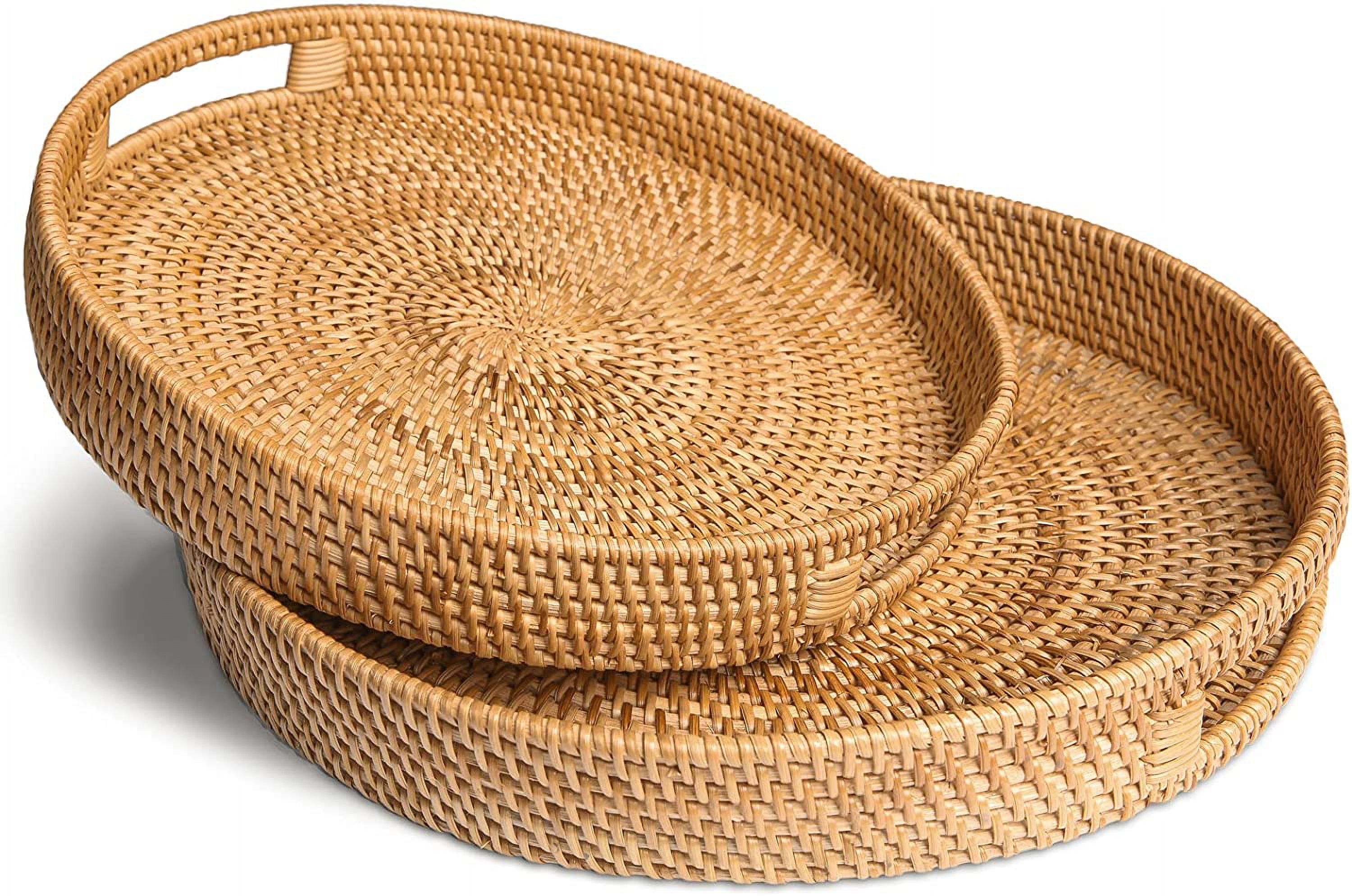 Handwoven Round Rattan Serving Trays with Handles, Set of 2