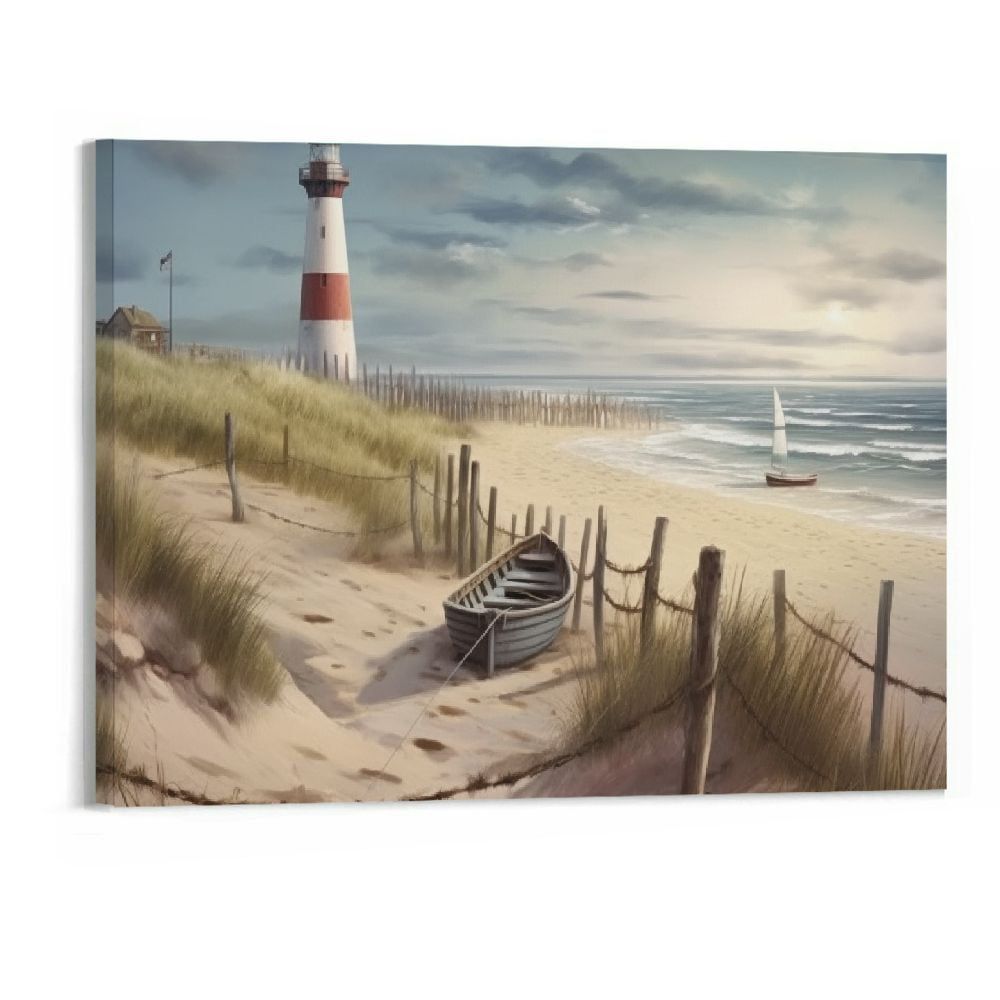 Ocean Seascape Canvas Wall Art with Lighthouse, 24x16 Inch