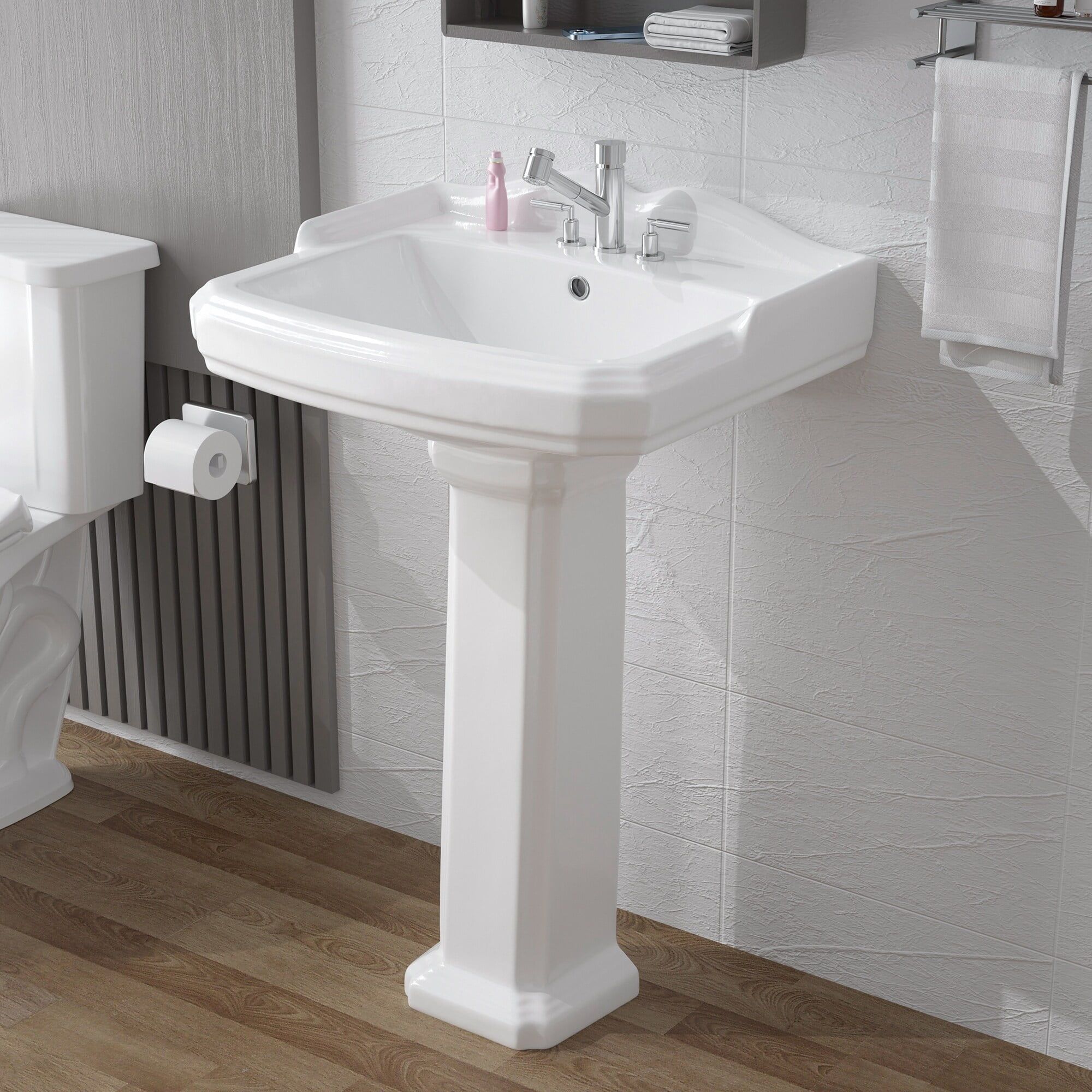 White Ceramic Rectangular Pedestal Sink with Overflow