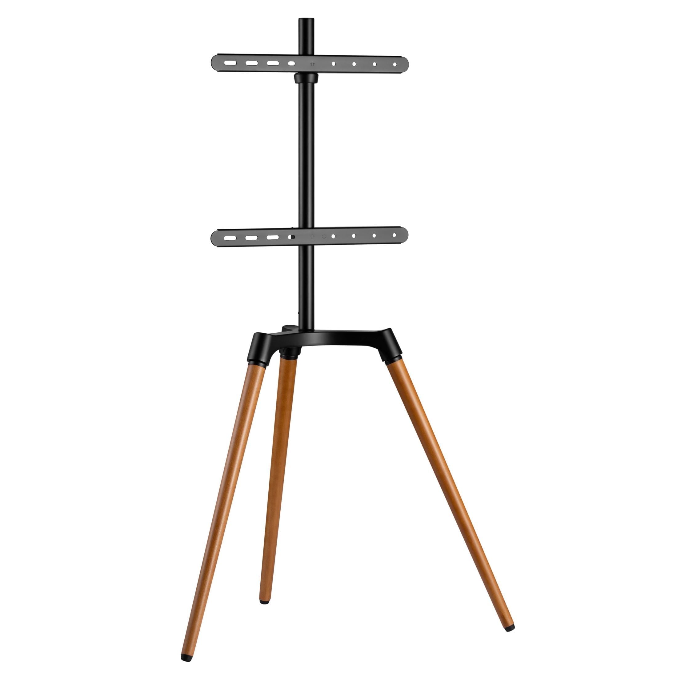 Black Steel and Beech Wood Tripod TV Floor Stand with Mount