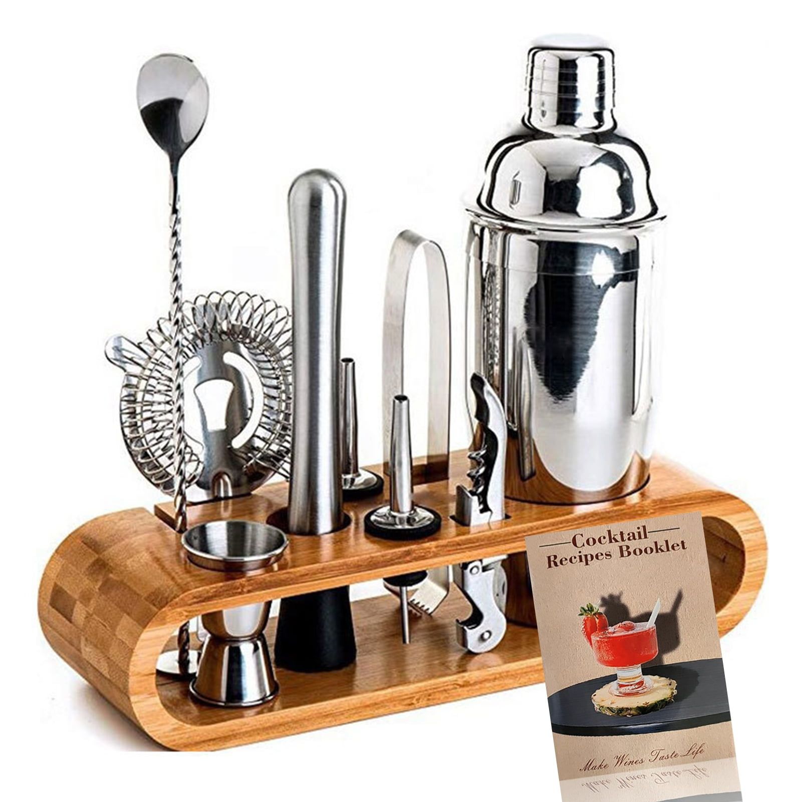 Stainless Steel Bartending Set with Bamboo Rack and Tools