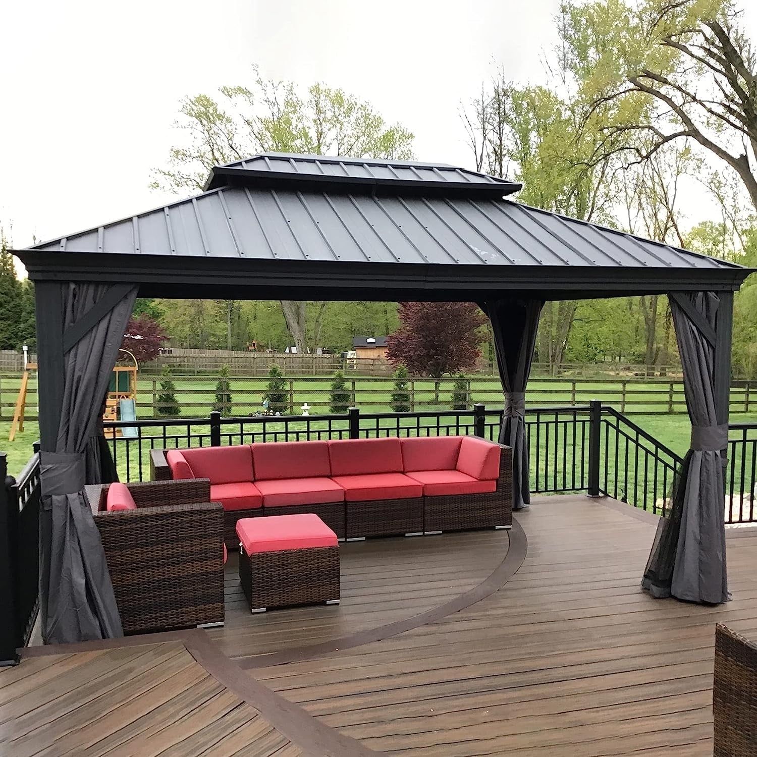 Gray Aluminum 10' x 14' Hardtop Patio Gazebo with Curtains