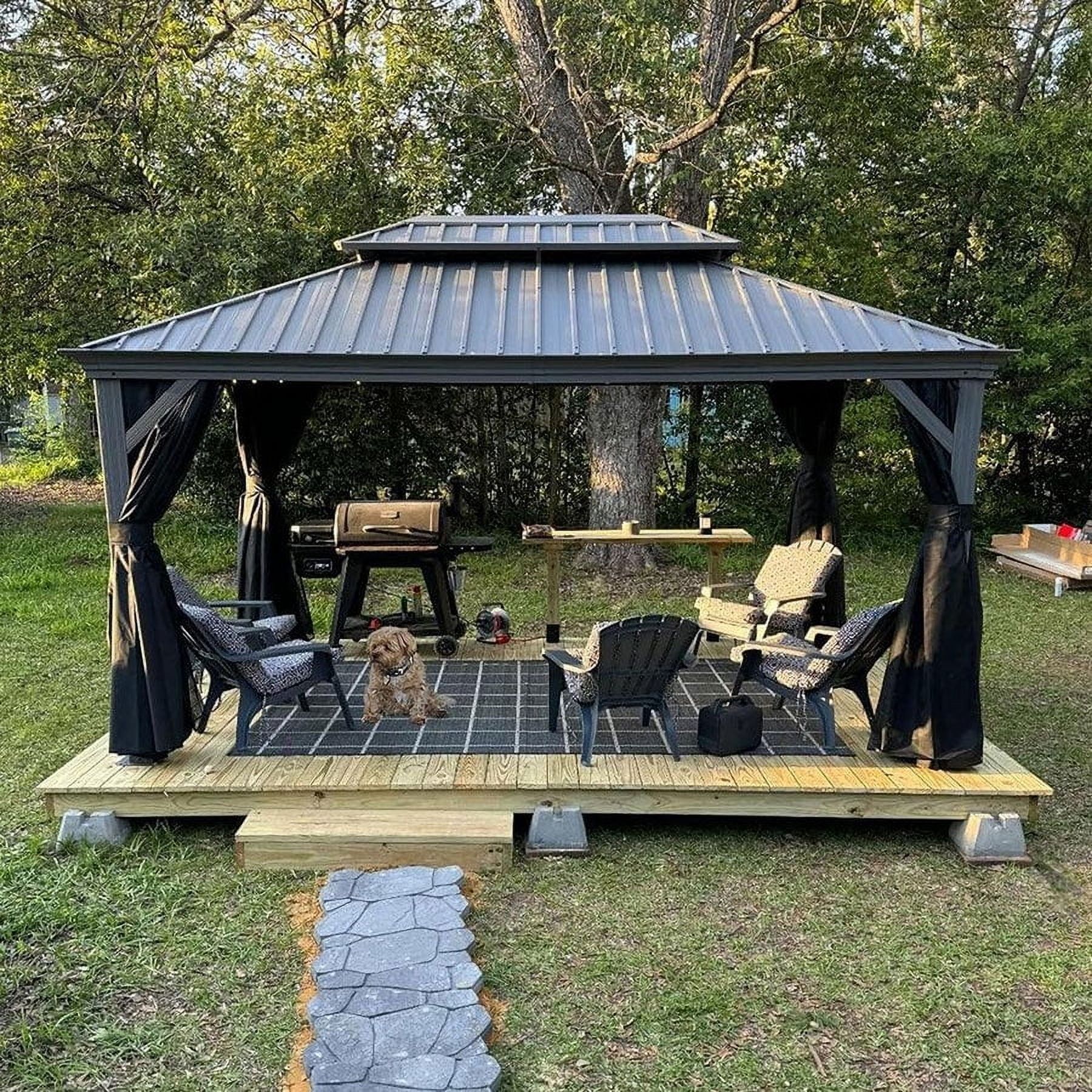 Light Gray 14' x 10' Aluminum Hardtop Gazebo with Curtains