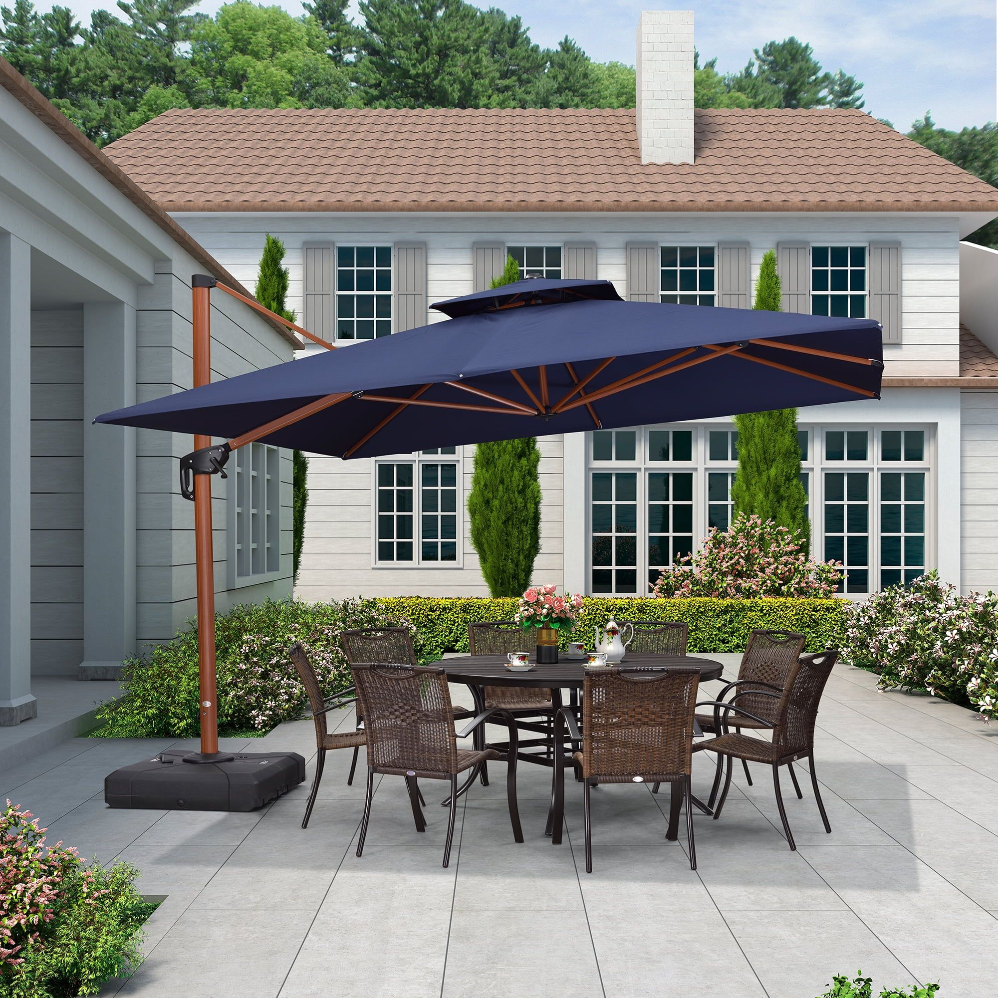 Navy Blue 11' Square Cantilever Patio Umbrella with Wood Grain Frame