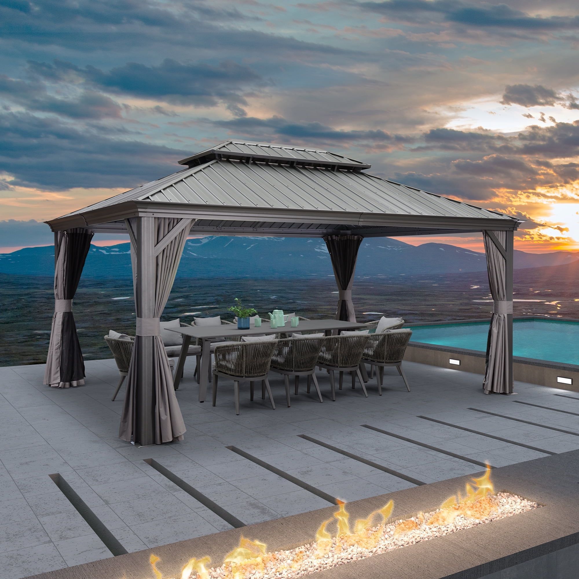 Gray 12' x 16' Aluminum Frame Hardtop Gazebo with Curtains
