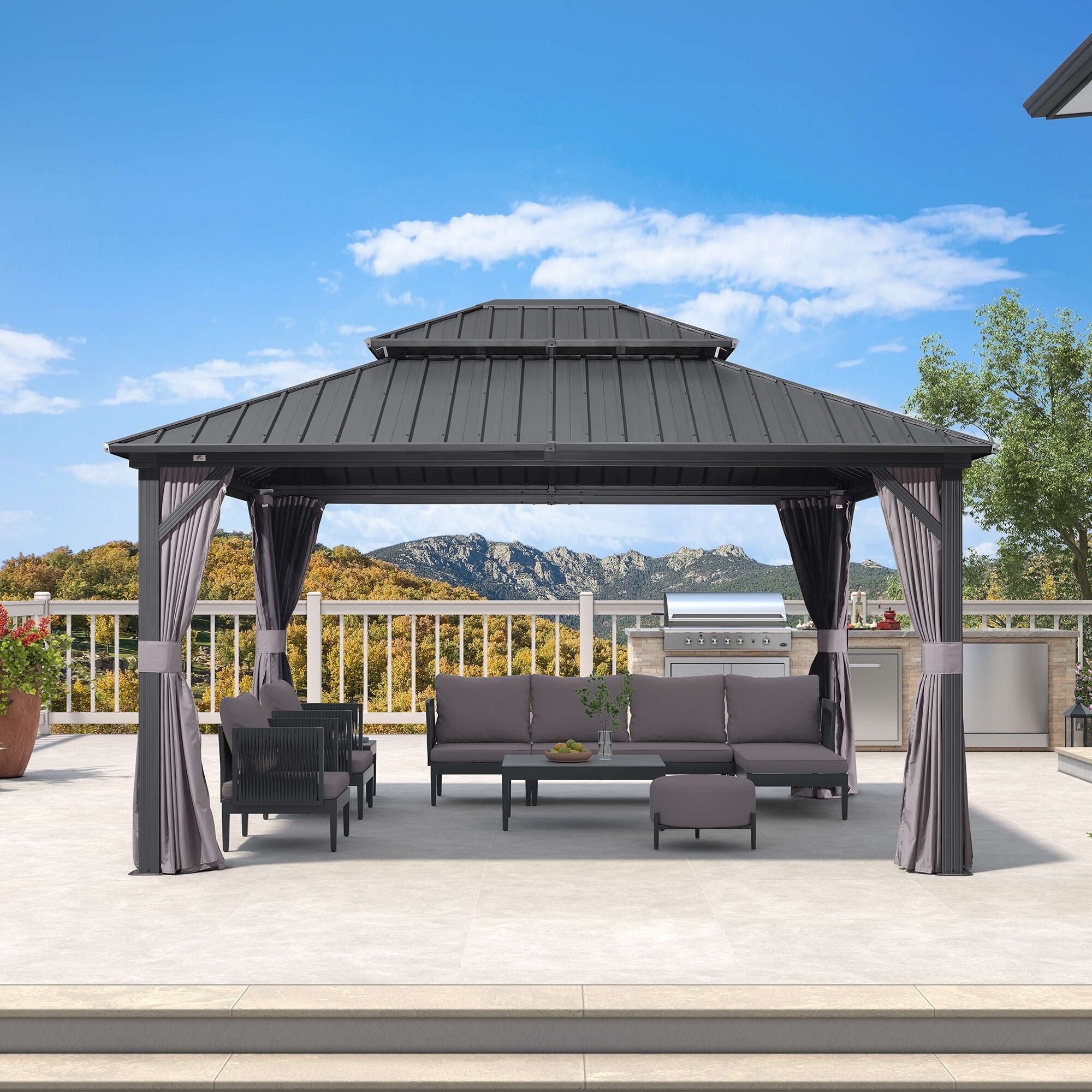 Gray 12' x 14' Aluminum and Steel Hardtop Gazebo with Curtains