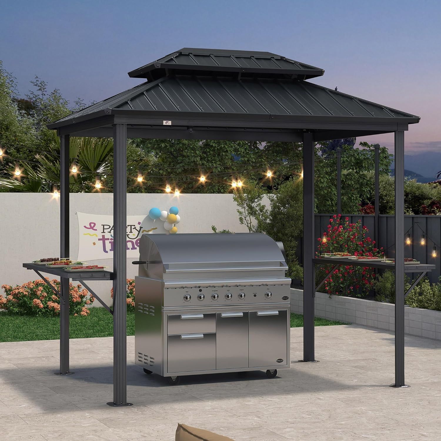 Gray 6' x 8' Hardtop Grill Gazebo with Double Steel Roof