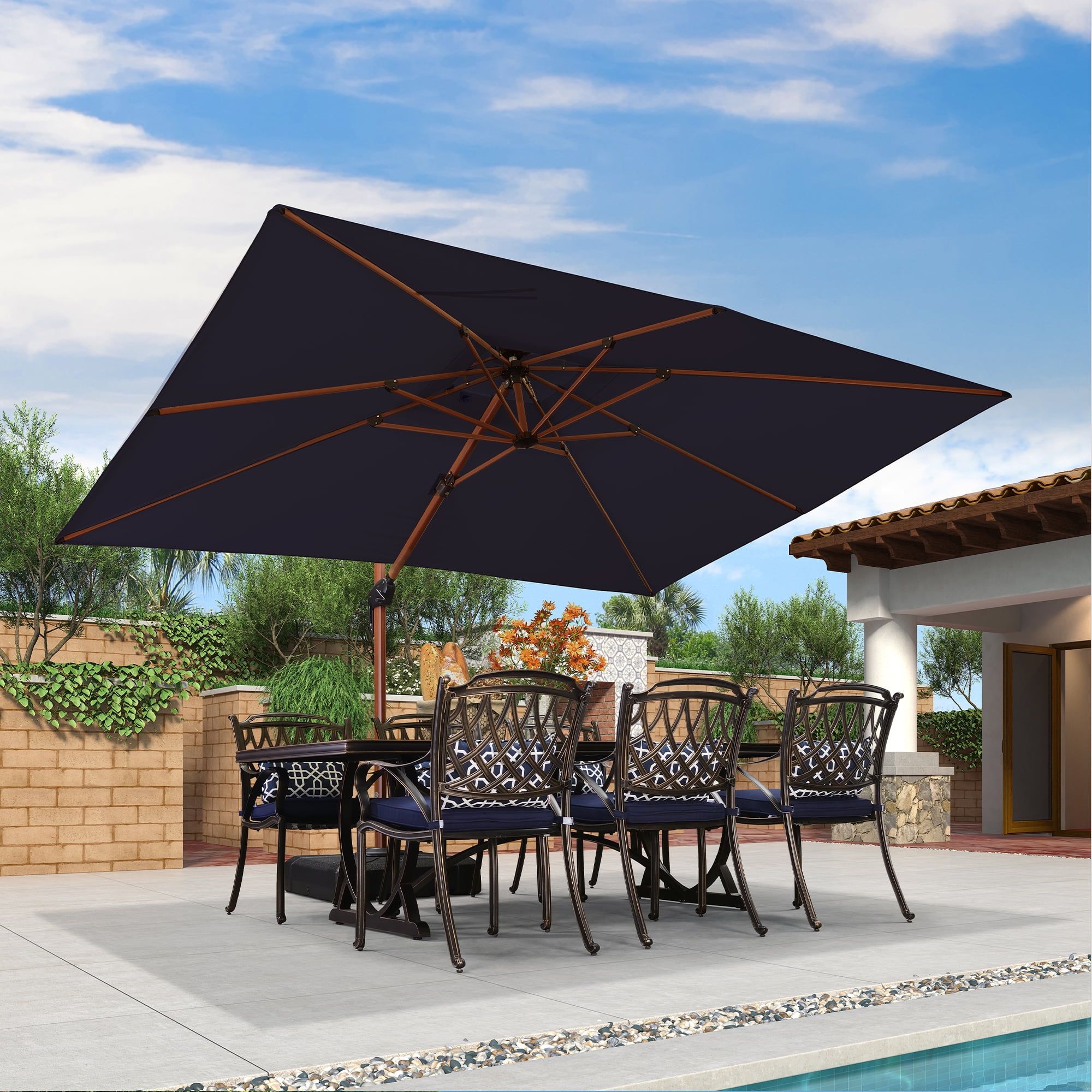 Navy Blue 9 x 12ft Wood Grain Cantilever Patio Umbrella