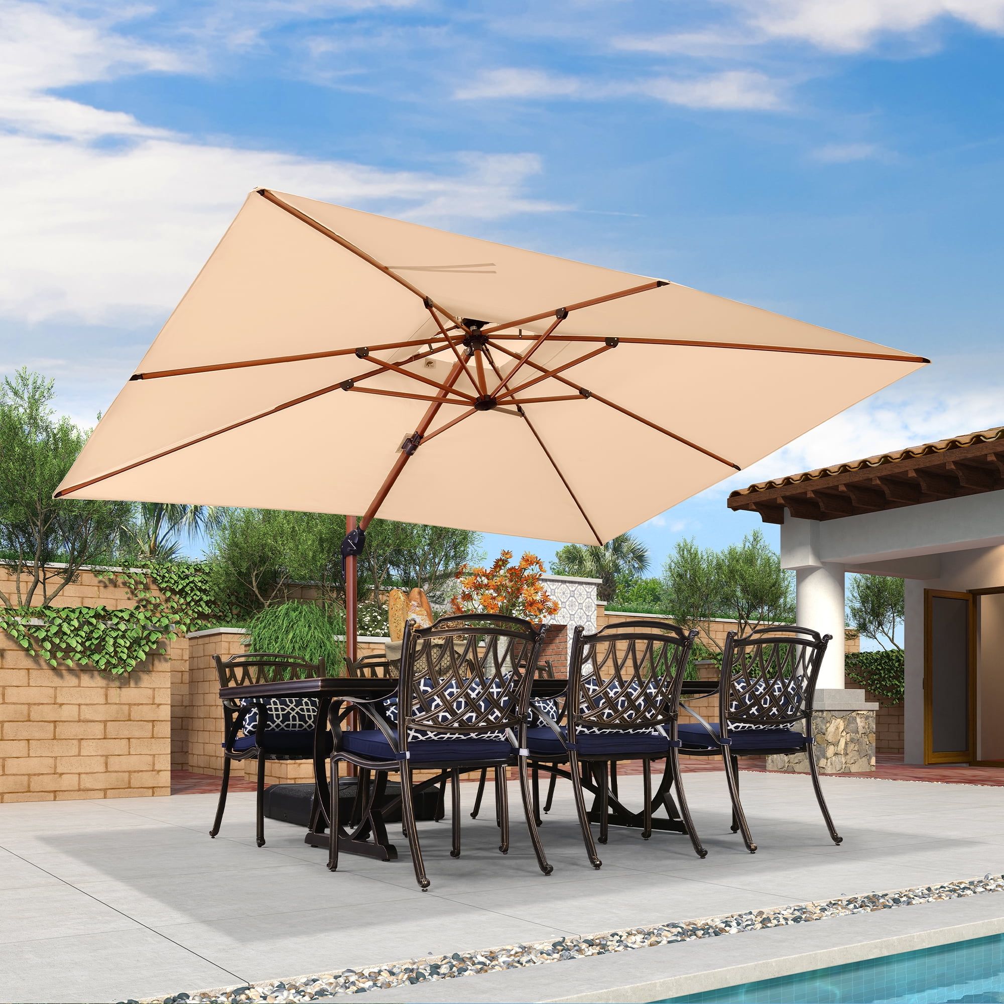 Beige 9x12ft Wood Grain Cantilever Patio Umbrella with 360° Rotation