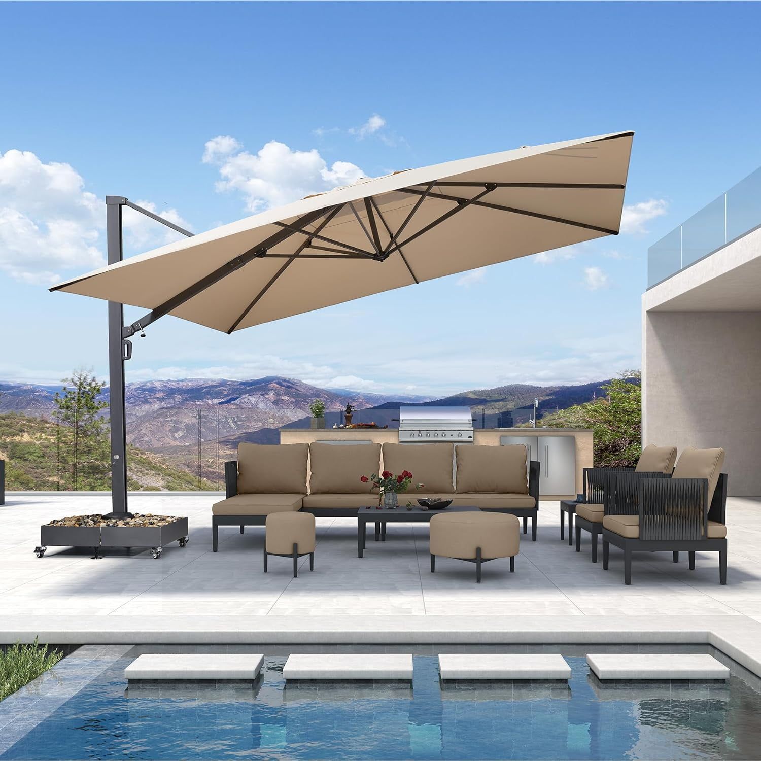 Beige 13ft Square Aluminum Cantilever Patio Umbrella