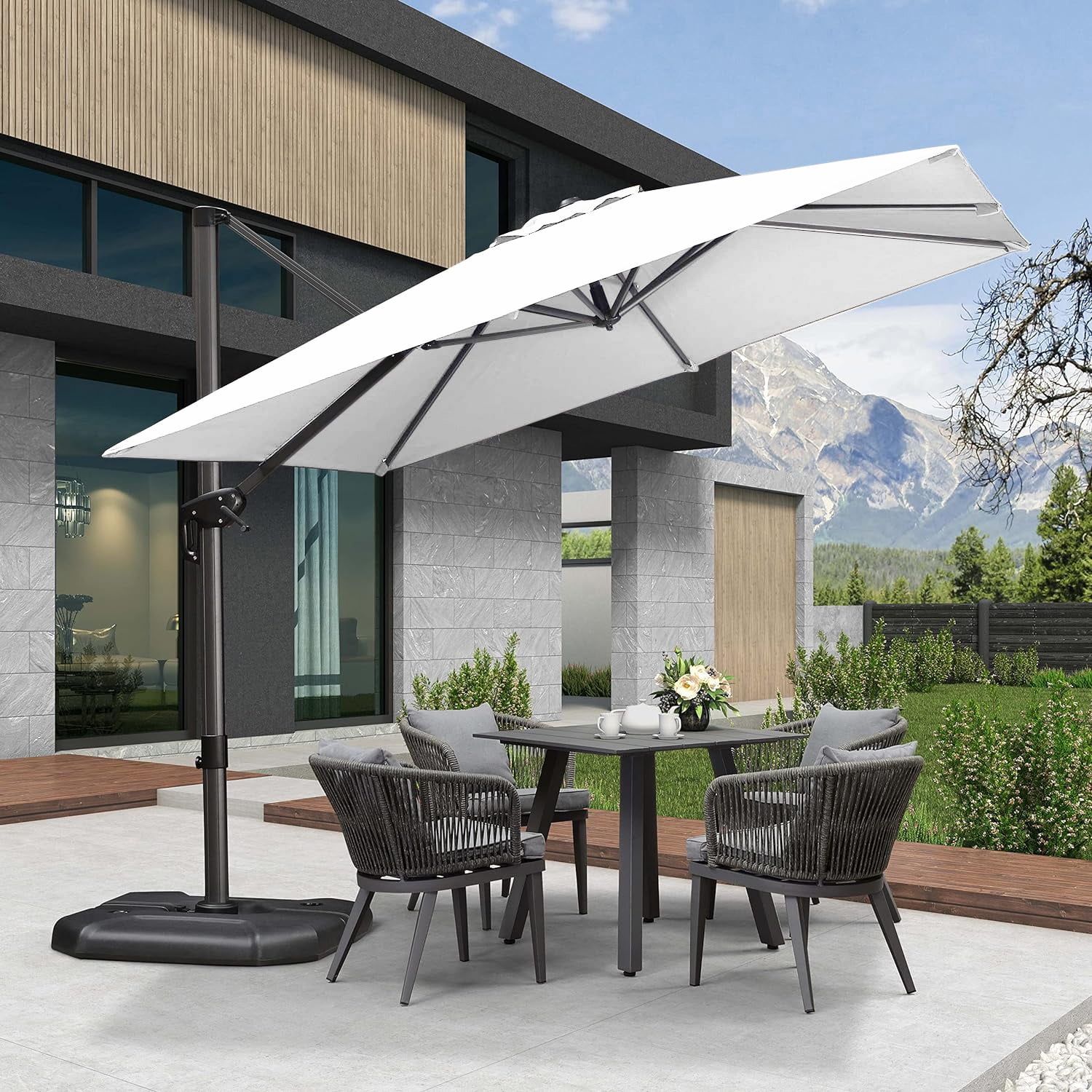 White 9' x 9' Aluminum Cantilever Patio Umbrella with 360° Rotation