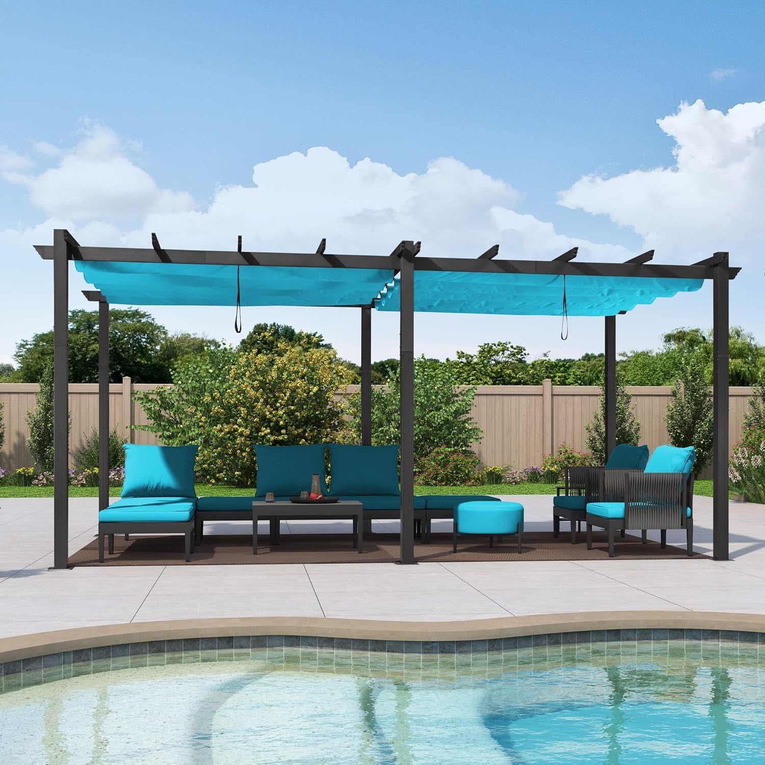 Turquoise Blue 10' x 18' Aluminum Pergola with Retractable Canopy