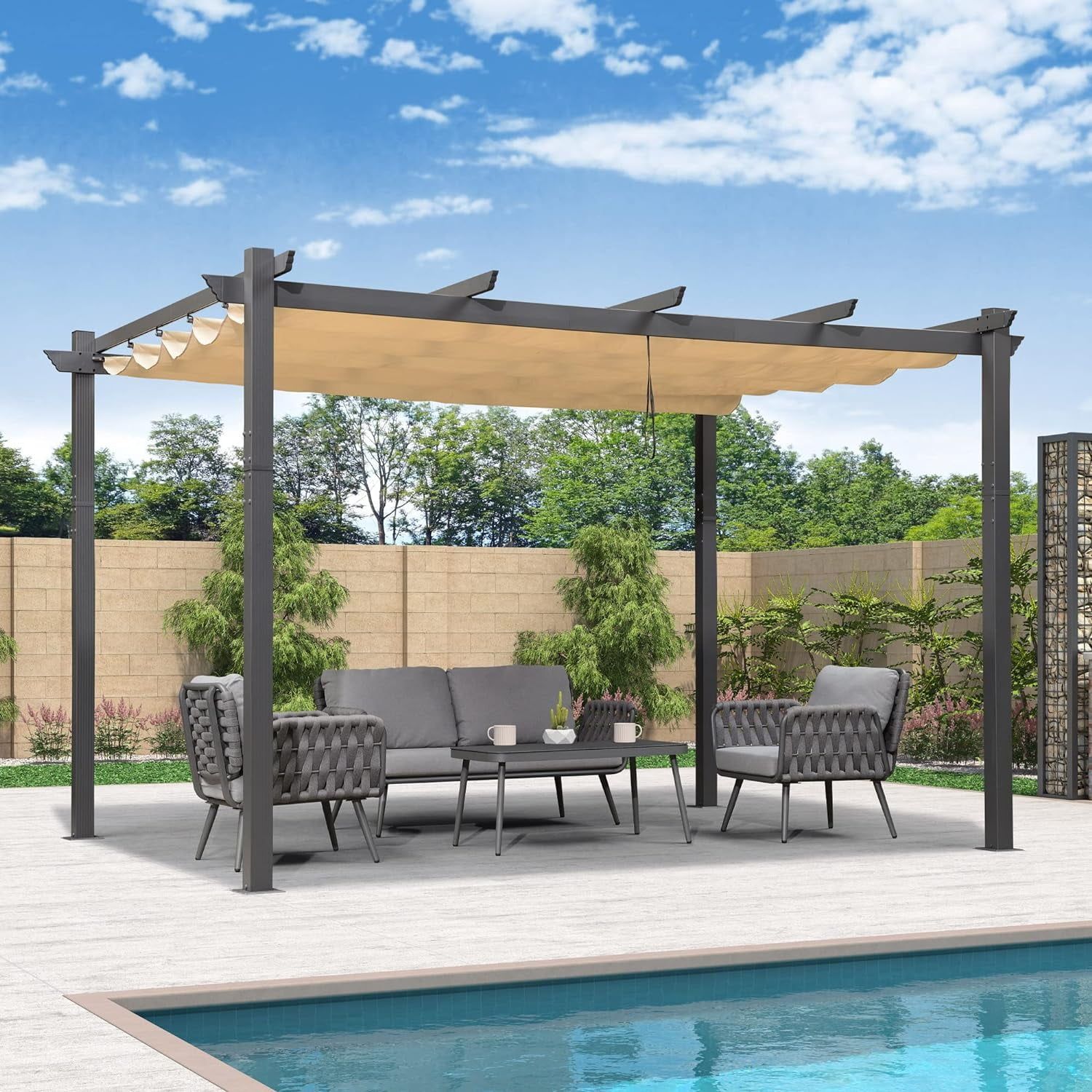 Beige 11' x 13' Metal Pergola with Retractable Canopy