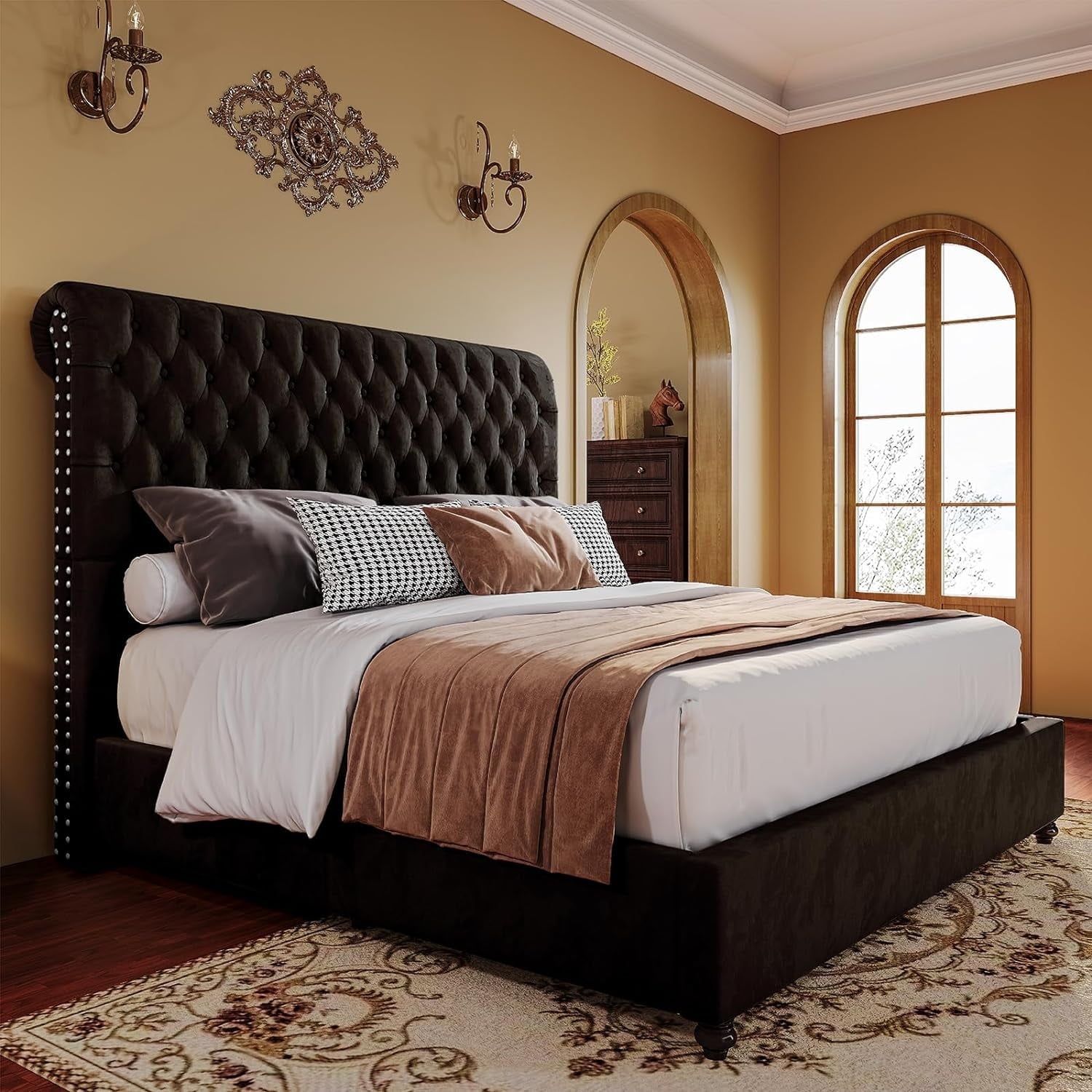 Queen Black Velvet Upholstered Platform Bed with Tufted Headboard