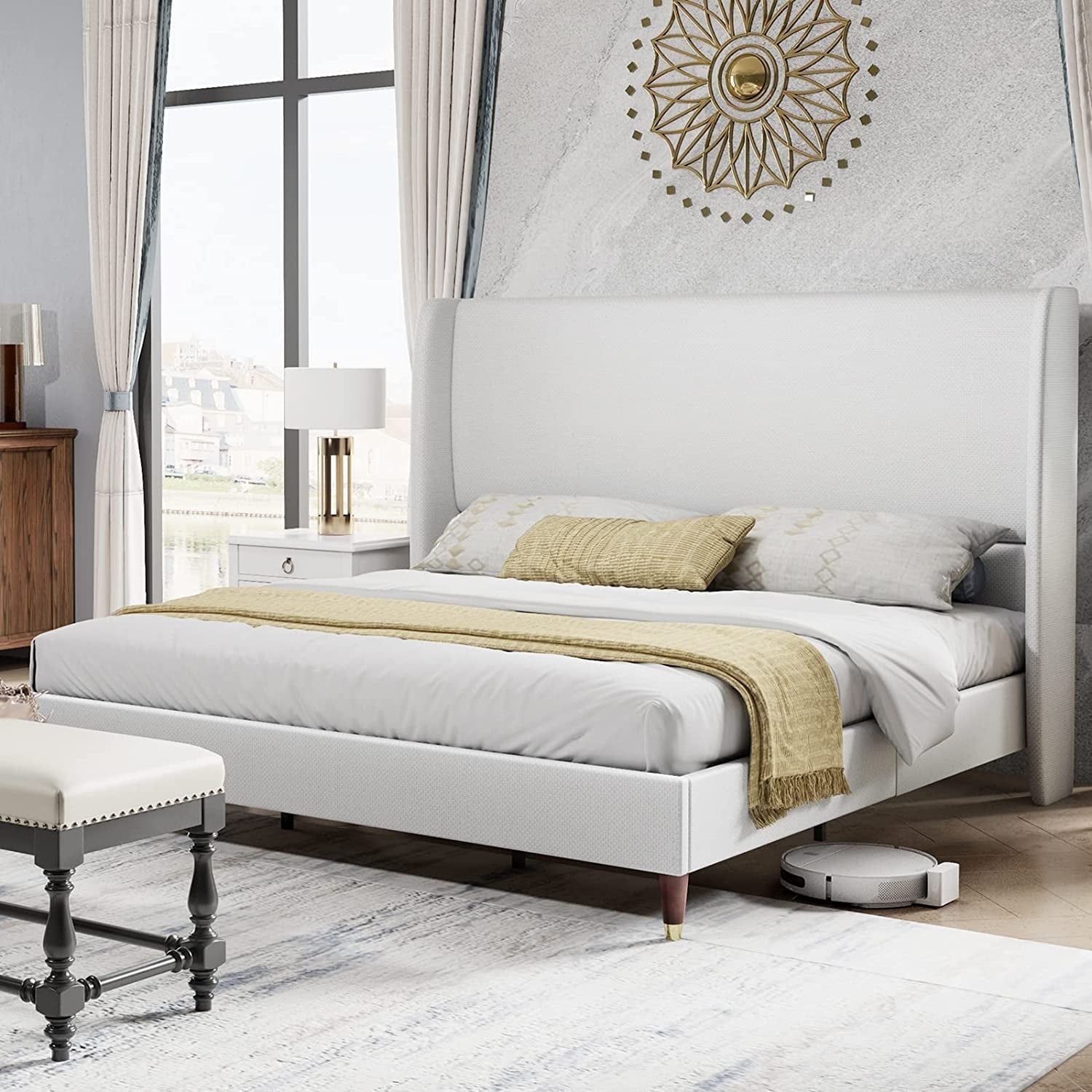 White Queen Upholstered Bed Frame with High Tufted Headboard