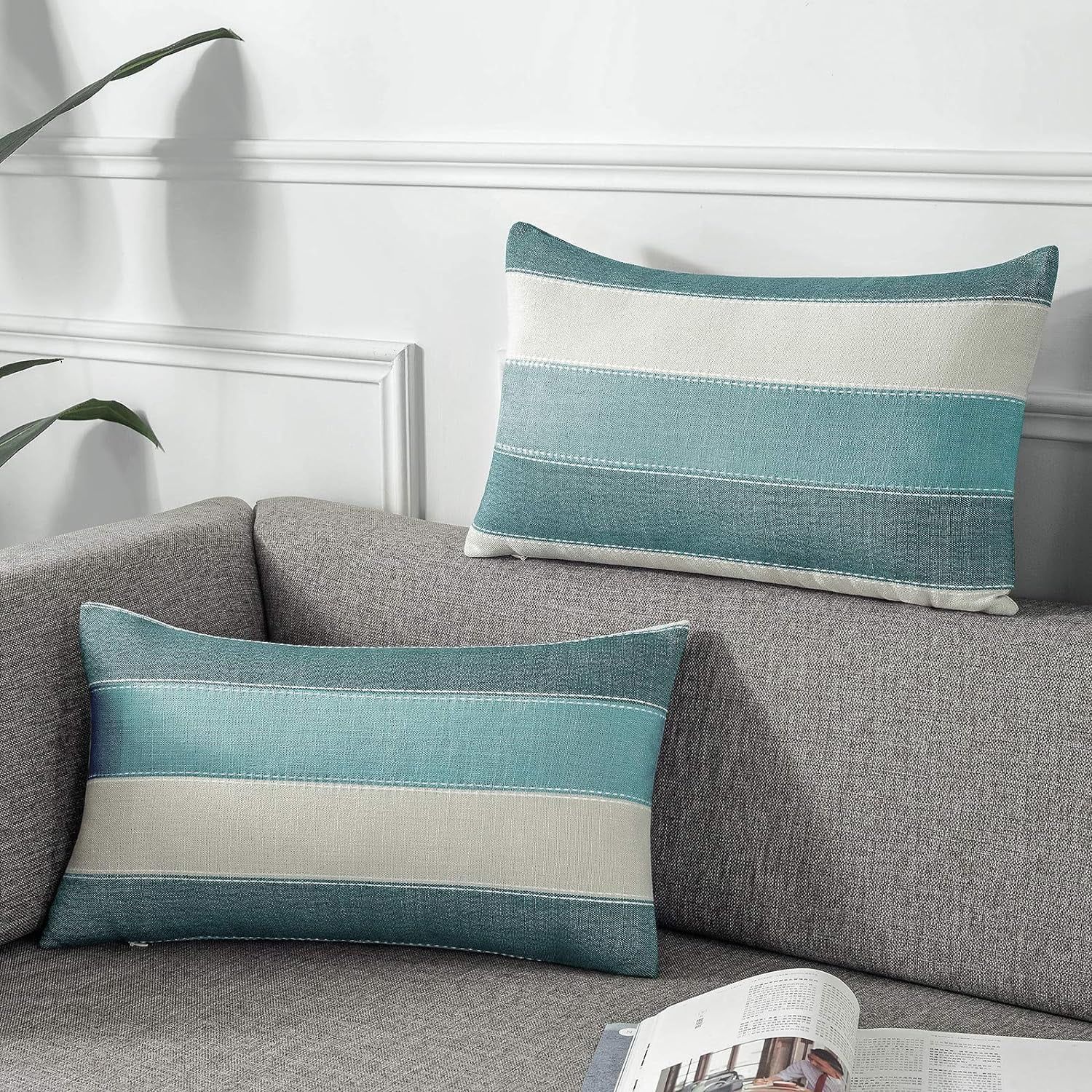 Teal Blue Cotton Linen Farmhouse Stripe Throw Pillow Covers 12x20 Inch