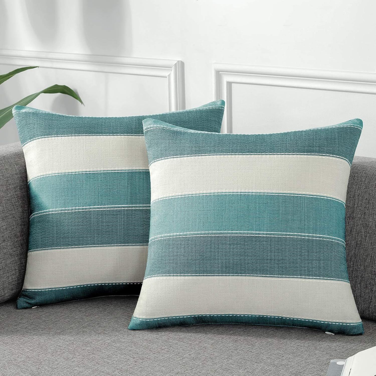 Set of 2 Teal and Beige Cotton Linen Striped Pillow Covers 18x18 Inch