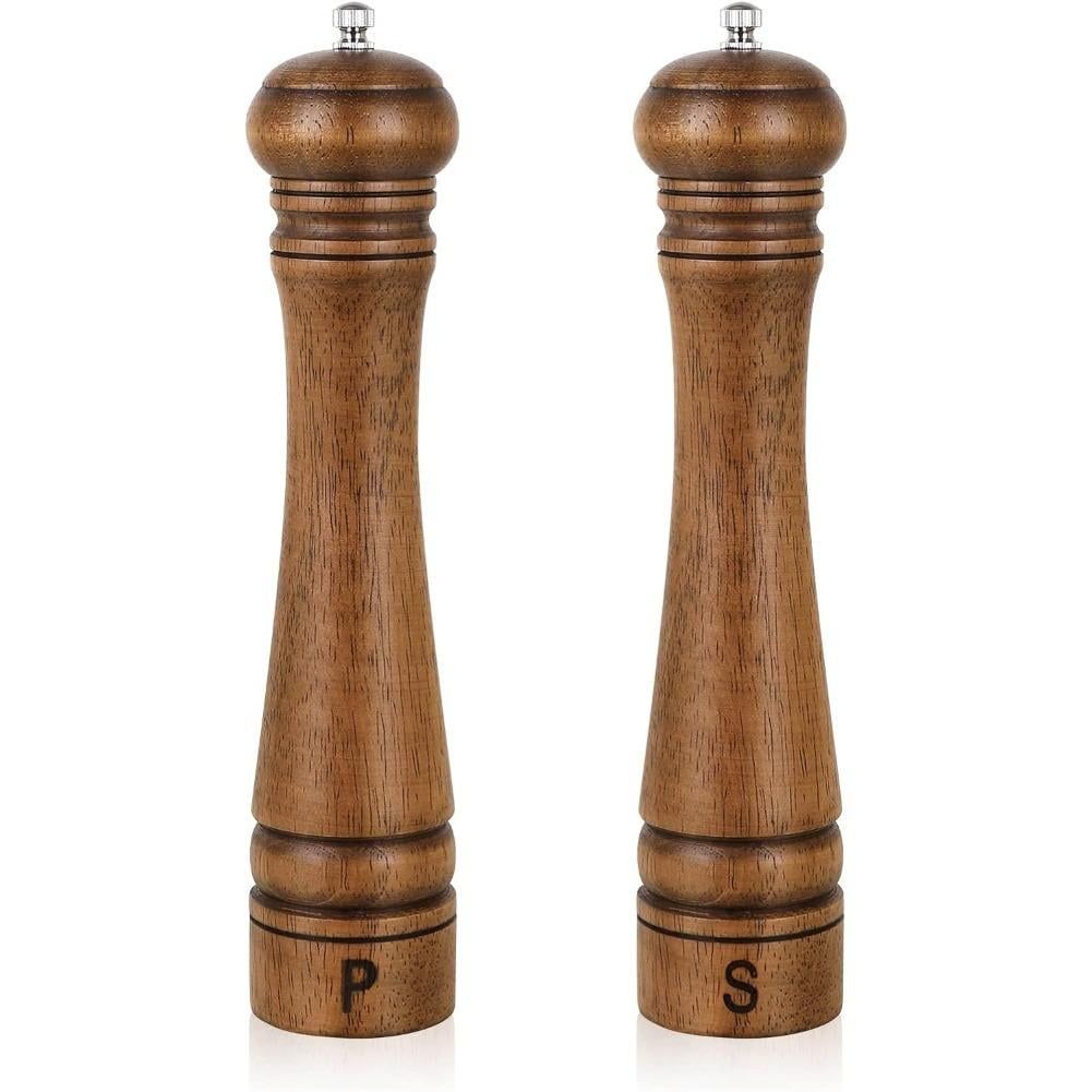 10-Inch Oak Wood Salt and Pepper Grinder Set with Adjustable Ceramic Rotor