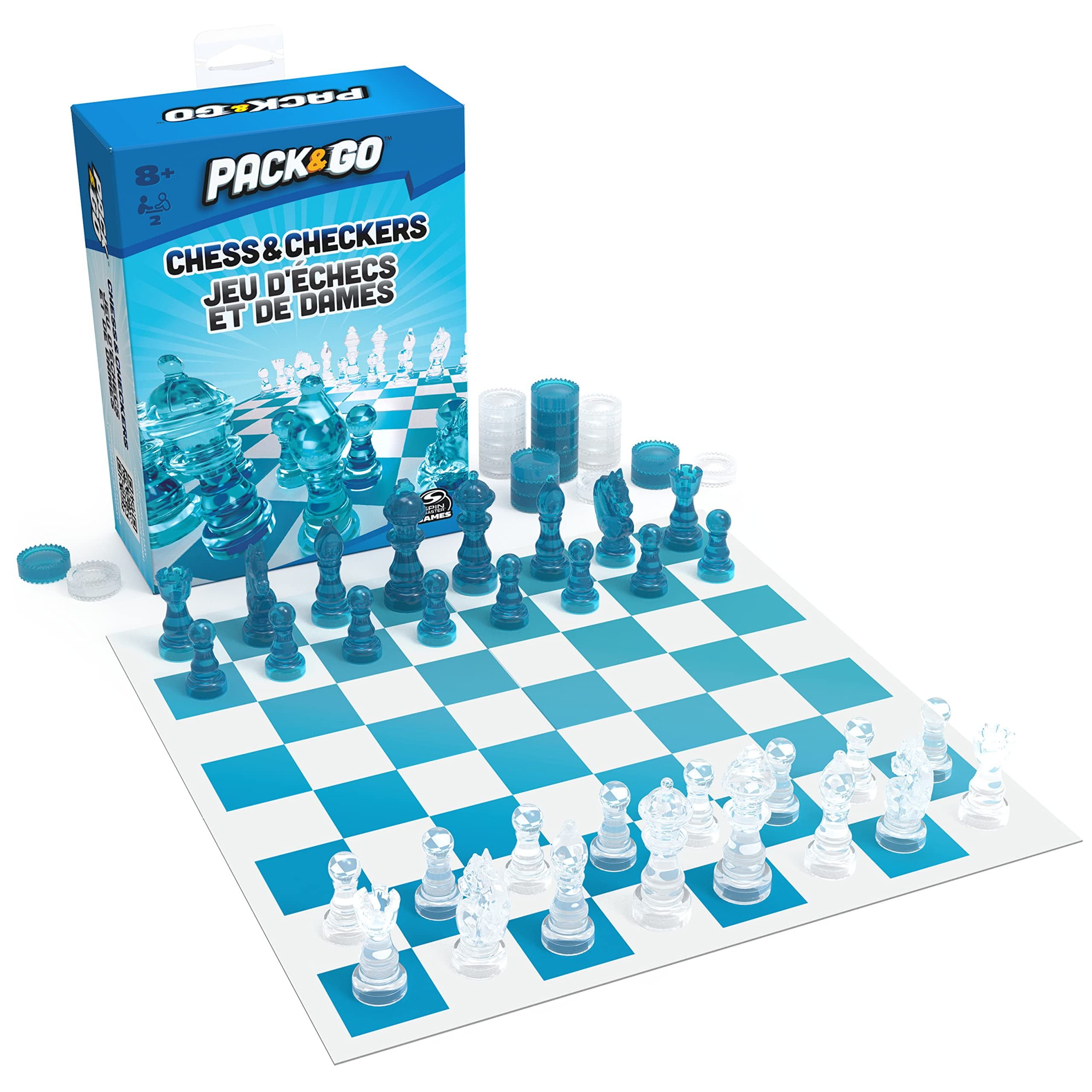 Portable Blue and White Chess and Checkers Set with Transparent Pieces