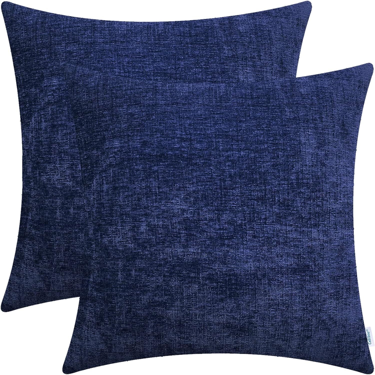 Navy Blue Chenille Water Repellent 16x16 Pillow Covers Set