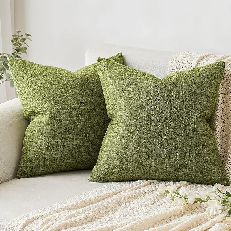 Set of 2 Green Linen Square Throw Pillow Covers 20x20 Inch