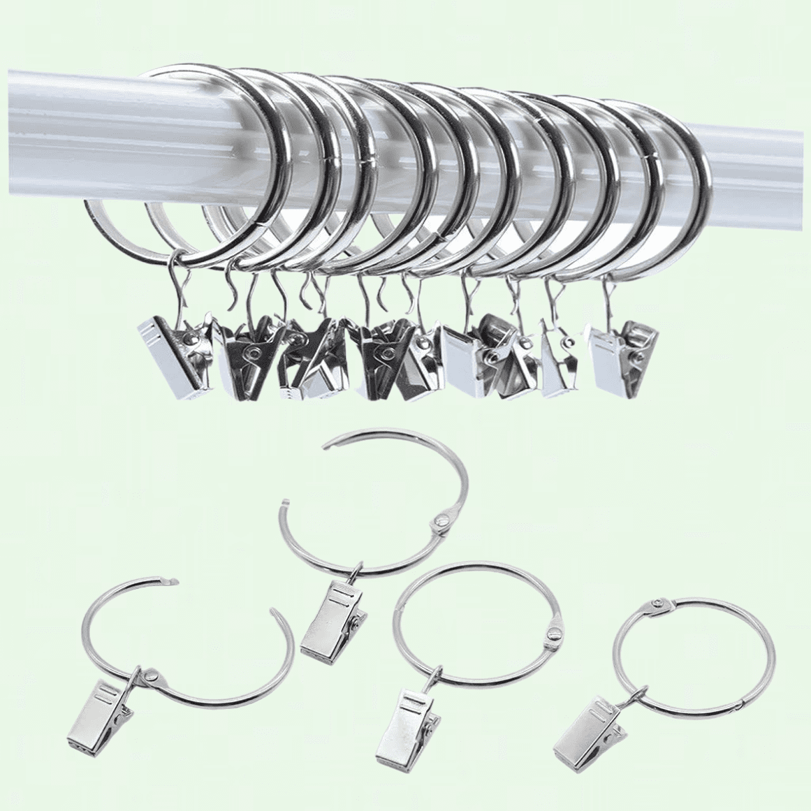 Silver Metal Openable Curtain Rings with Clips, 1.5 Inch, 40 Pack