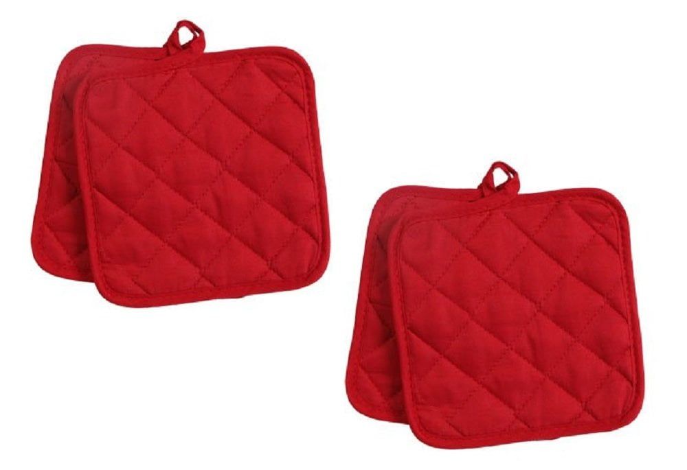 Set of Four Red Quilted Cotton Square Pot Holders