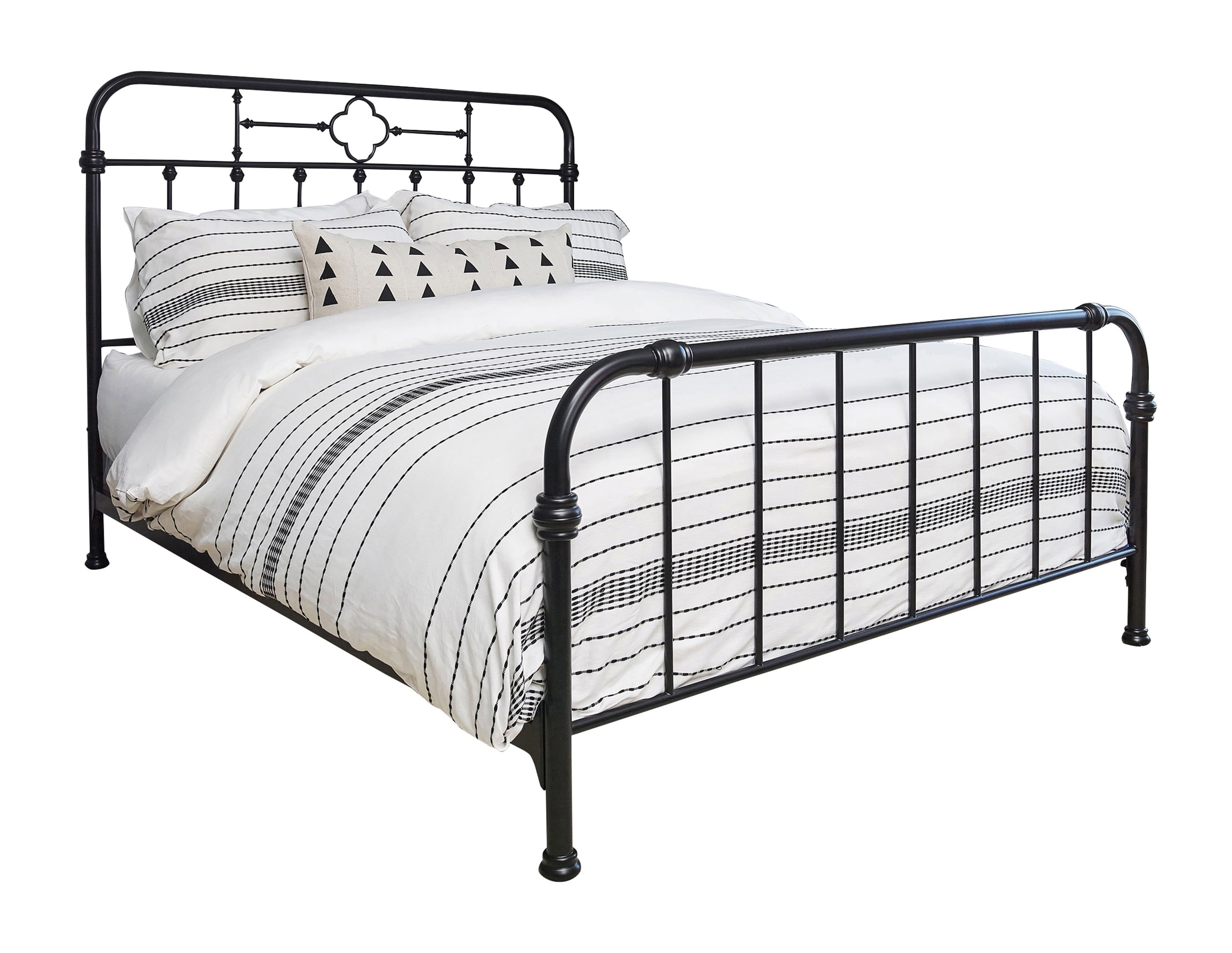 Matte Black Queen Metal Bed with Upholstered Headboard