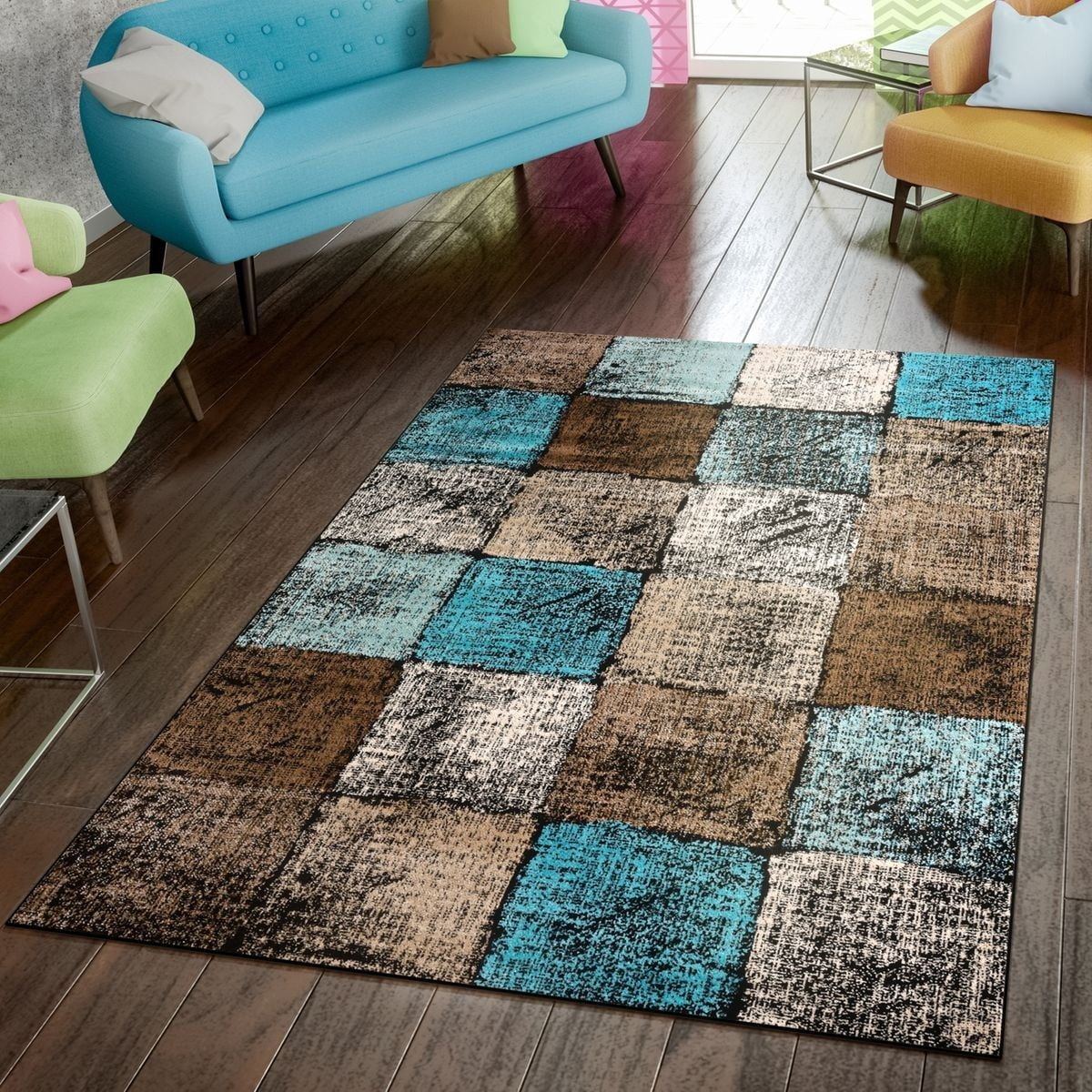 Blue and Brown Rectangular Synthetic Easy Care Area Rug