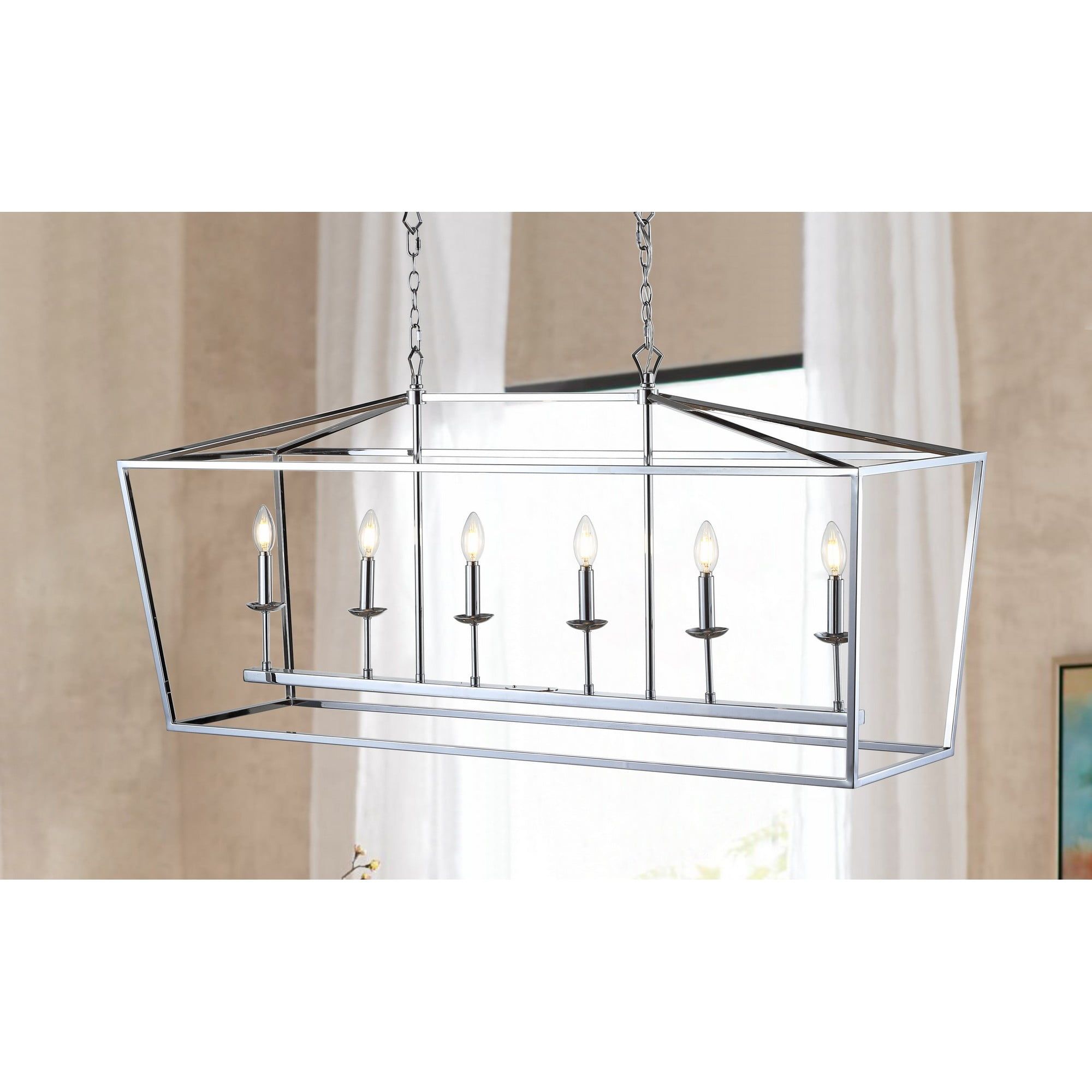 Pagoda-Inspired Chrome 49" Linear LED Pendant with 6 Candle Bulbs