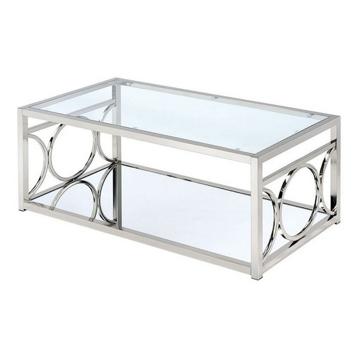 Rectangular Glass Top Coffee Table with Mirrored Shelf and Metal Frame