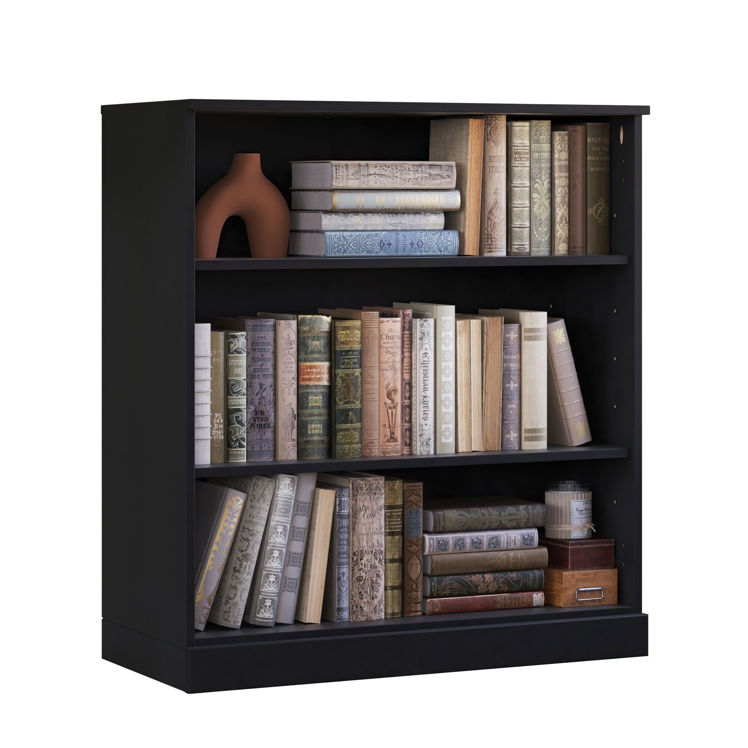 Black Solid Pine Wood Adjustable 3-Shelf Bookcase