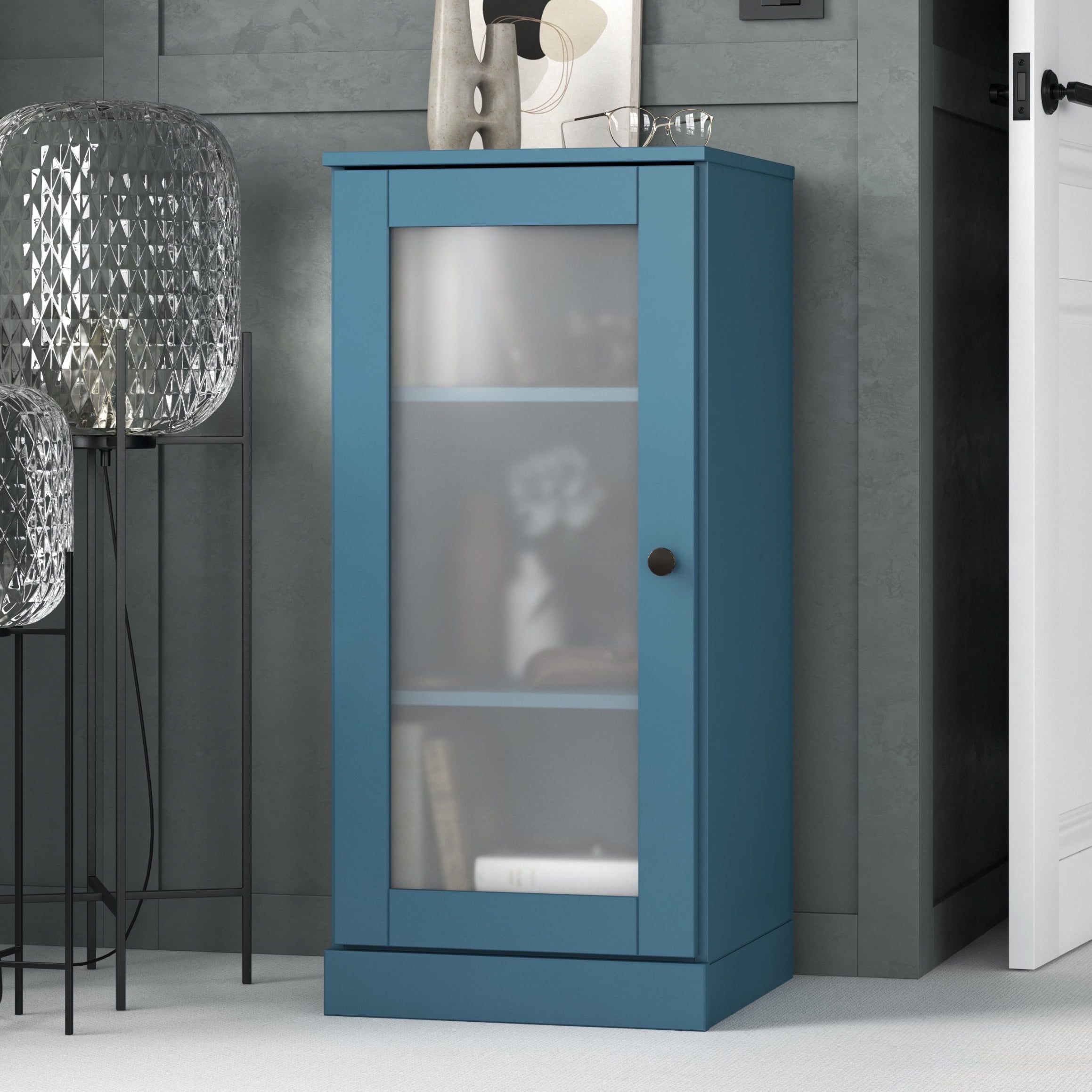 Teal Blue Solid Pine Wood Adjustable 3-Shelf Bookcase with Frosted Glass Door