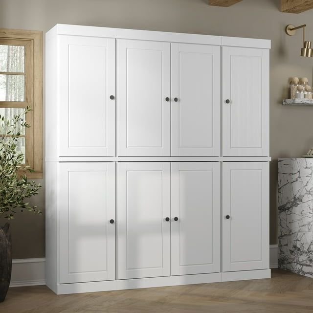 White Raised Panel Solid Wood Kitchen Pantry Cabinet with Adjustable Shelves and Drawers