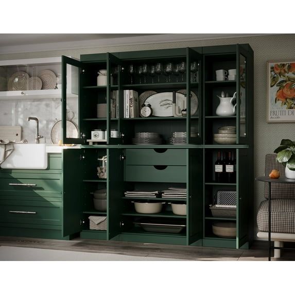 Green Solid Wood Raised Panel Kitchen Pantry Cabinet with Glass Doors