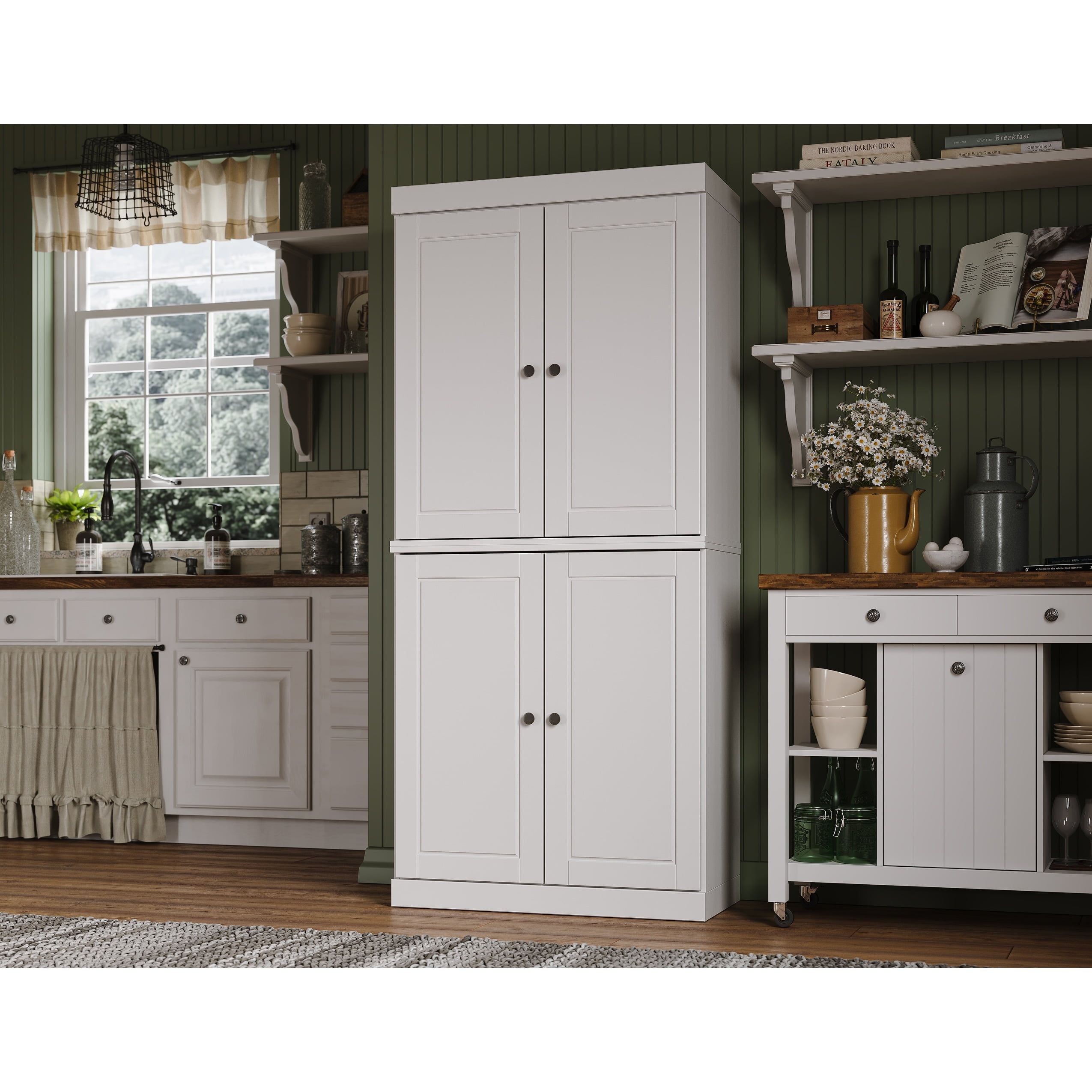 White Solid Wood Raised Panel Kitchen Pantry Cabinet