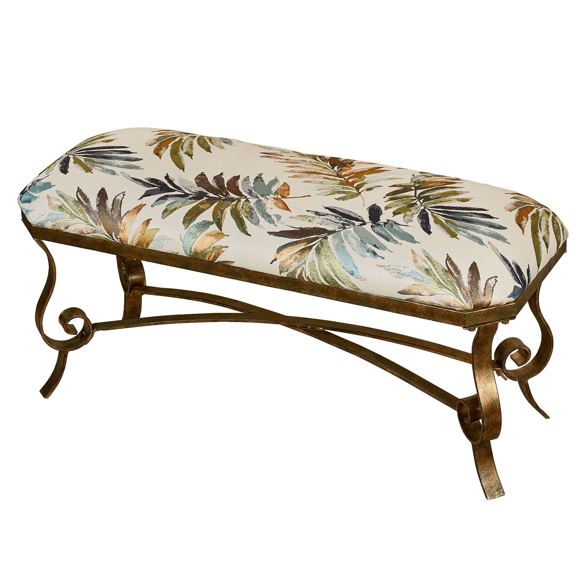 Palm Breeze Golden Bronze Upholstered Bench with Tropical Leaves