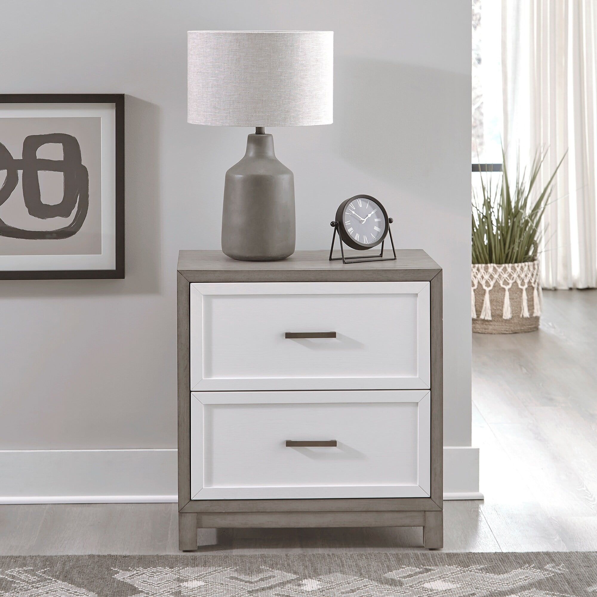 Two-Tone Driftwood and Shell White 2-Drawer Nightstand with Charging Station