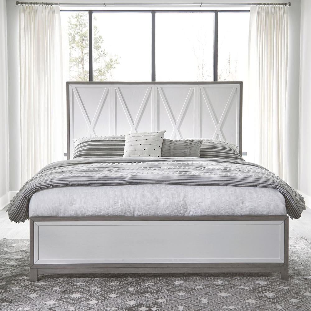 King White Wood Frame Panel Bed with Headboard and Drawer