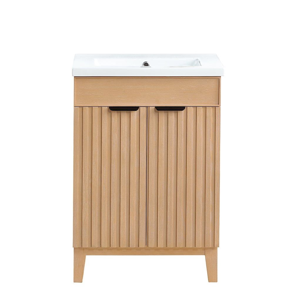 Palos 24" Brown Fir Wood Single Bath Vanity with White Ceramic Basin