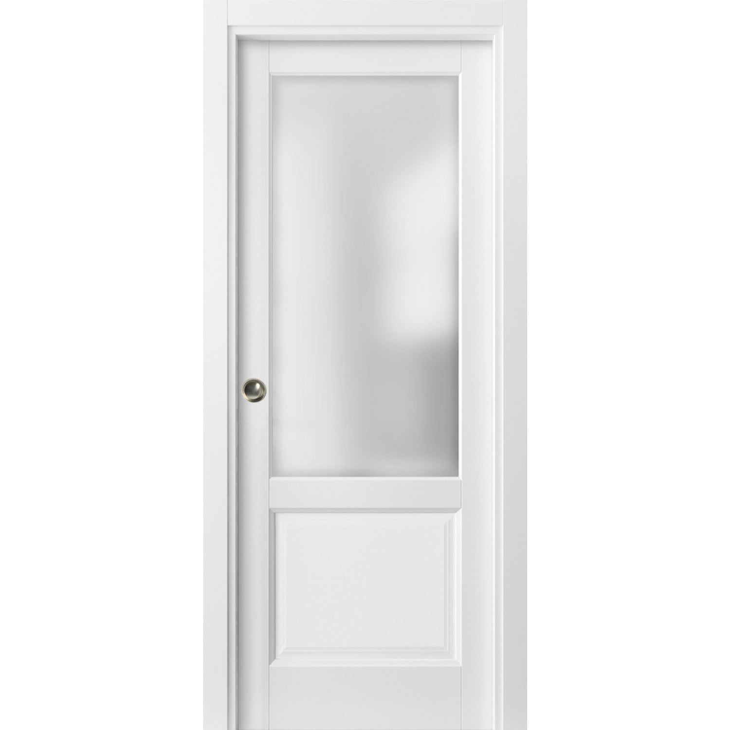 Matte White 36 x 84 Solid Core 3-Panel Pocket Door with Frosted Glass