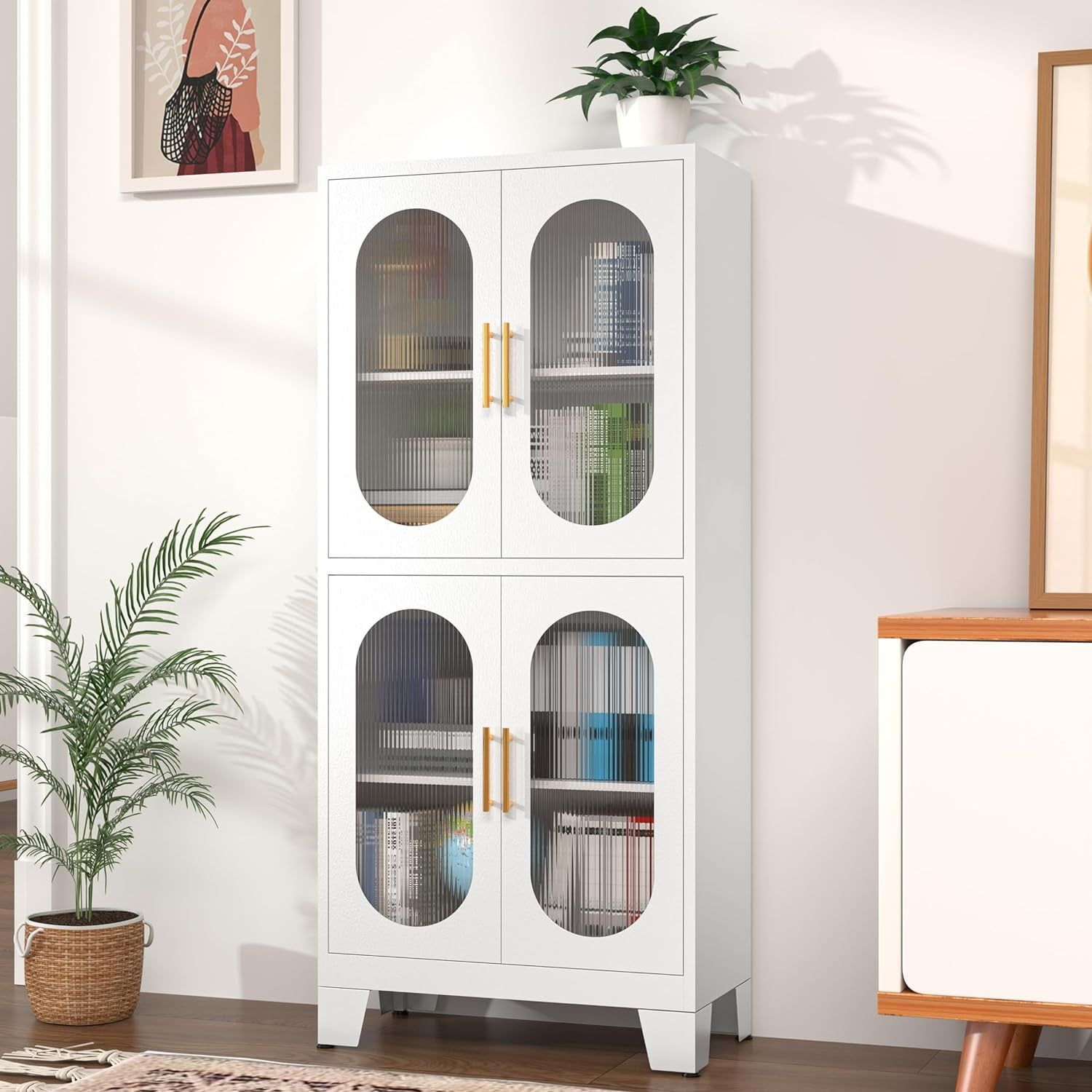 White Metal Pantry Cabinet with Acrylic Glass Doors and Adjustable Shelves